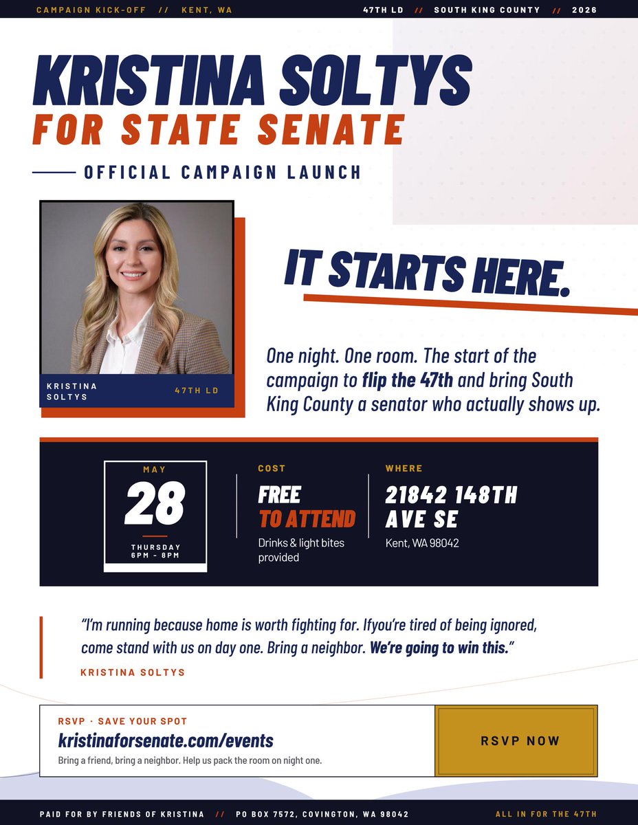 SRCC_WA's tweet photo. Join us as @KristinaforWA officially launches her campaign for State Senate in the 47th LD!

📅 May 28 | 6–8 PM
📍 Kent, WA
Help us build the momentum to flip the 47th in 2026.
RSVP: https://t.co/l9twSyrr94

#waleg #47thLD https://t.co/xHG6AhEIPr