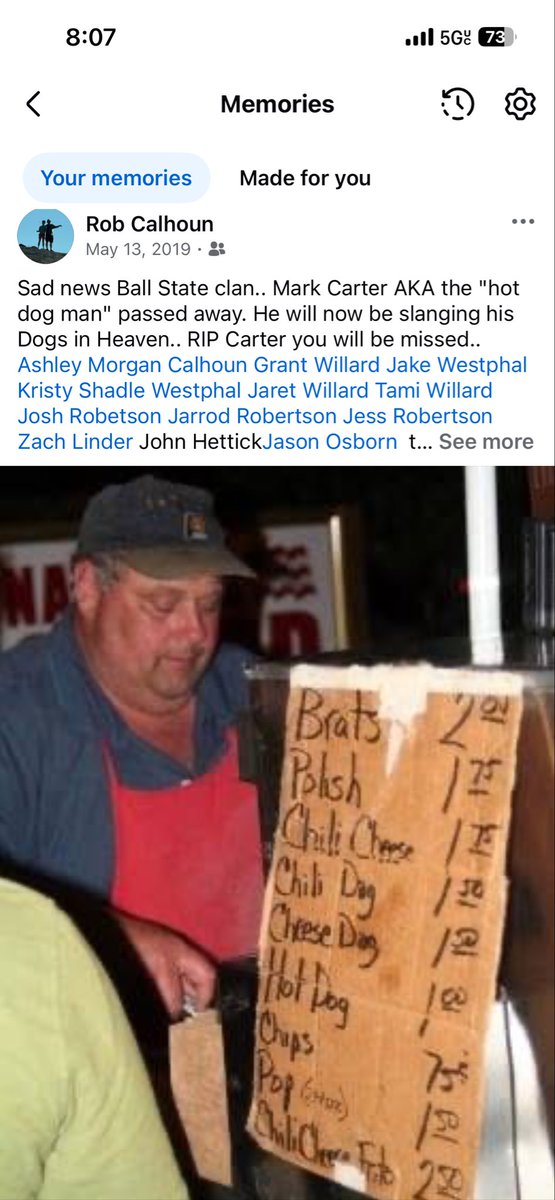 SSN_BallState's tweet photo. Seven years ago @BallState lost a legend.  Over the years I got to know mark pretty well.. I was lucky enough to buy his 100,000 hot dog.. This netted me a swag bag and 25 free dogs.. From the corner of Uni and Dill to the store on martin to the muncie mall. Mark greeted everyone with a smile and a delicious dog...RIP Mark... You were the OG dawg