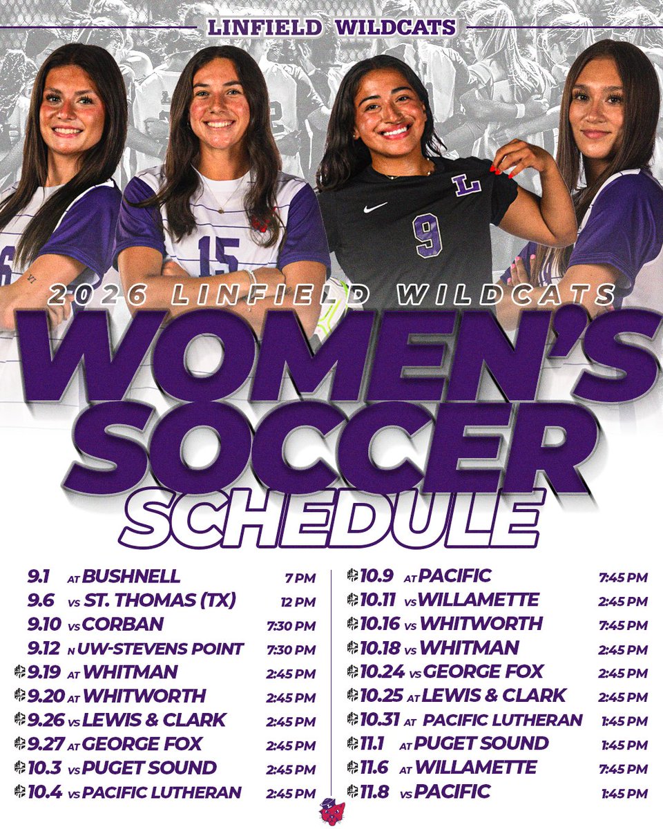linfieldsports's tweet photo. 2026 Linfield Women's Soccer Schedule Drop 🚨

@LinfieldWSoccer
kicks off the 2026 campaign on the road Sept. 1 @ Bushnell! Home Opener set for Sept. 6! 

 #RollCats | #D3soc | #NWCsoc https://t.co/5G7dXK9tJg