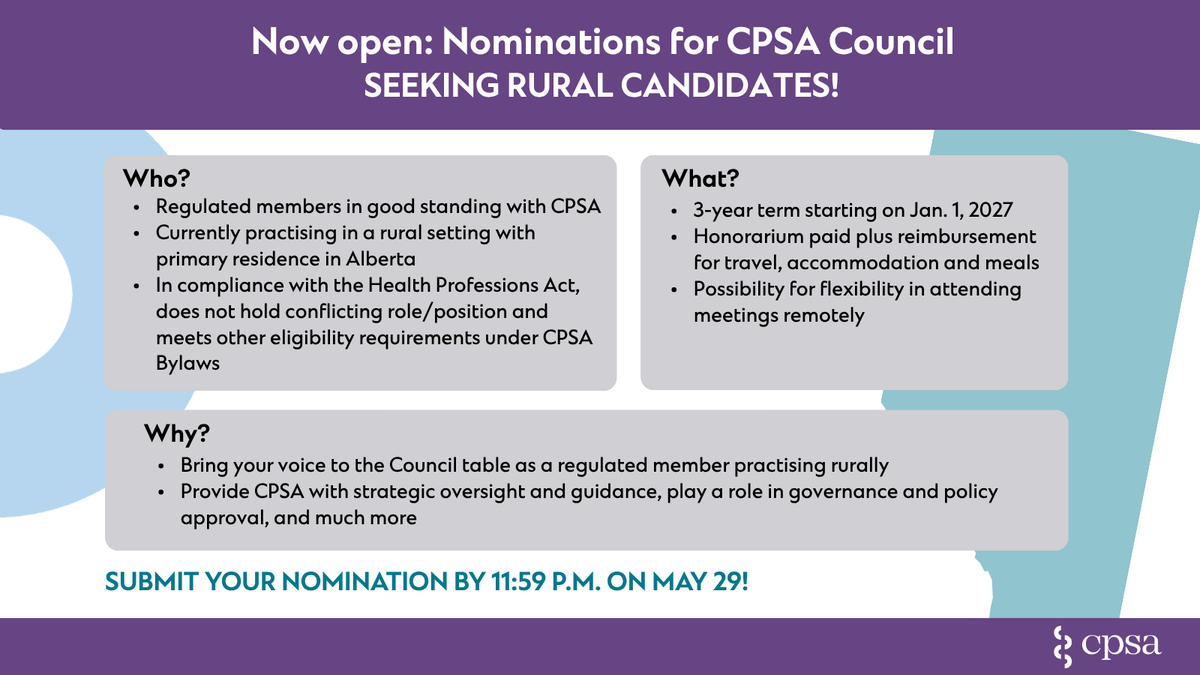 CPSA_CA's tweet photo. Calling all regulated members practising rurally: put your name forward to run for CPSA Council!

Nominations are now open for this year’s election to fill one regulated member opening on CPSA Council for a three-year term starting Jan. 1, 2027.

Want to learn more? Visit our website to confirm your eligibility and submit your nomination by May 29 at 11:59 p.m.: https://t.co/WiYqxxEvOU
