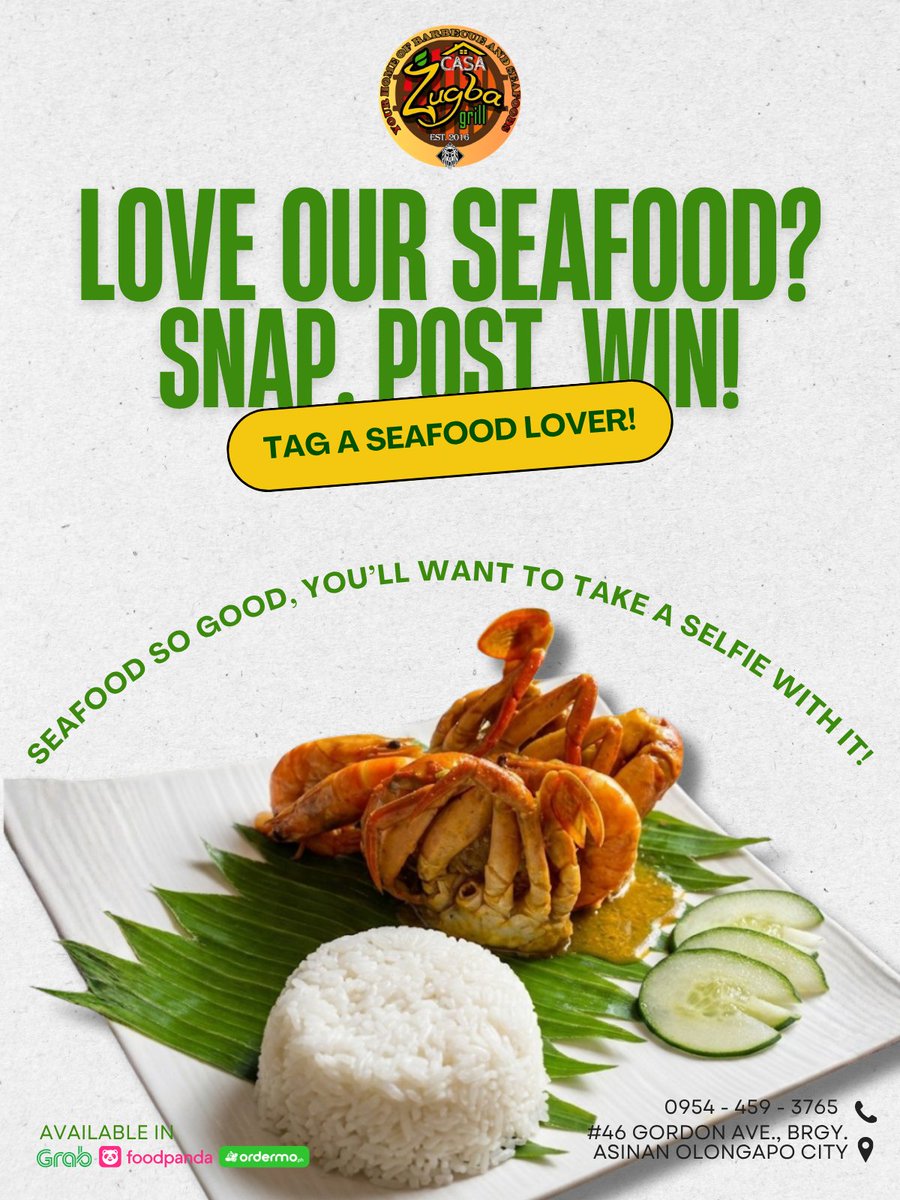 ZugbaGrill's tweet photo. Seafood lovers, this one’s for you! 🦀
If you’re craving fresh, flavorful seafood, Zugba Grill is the place to be. 
From shrimp to crab and grilled favorites — every bite is worth posting 🤎

#ZugbaGrill #SeafoodLovers #OlongapoFood #Region3Eats #SubicFood https://t.co/eSGKm8NvSE