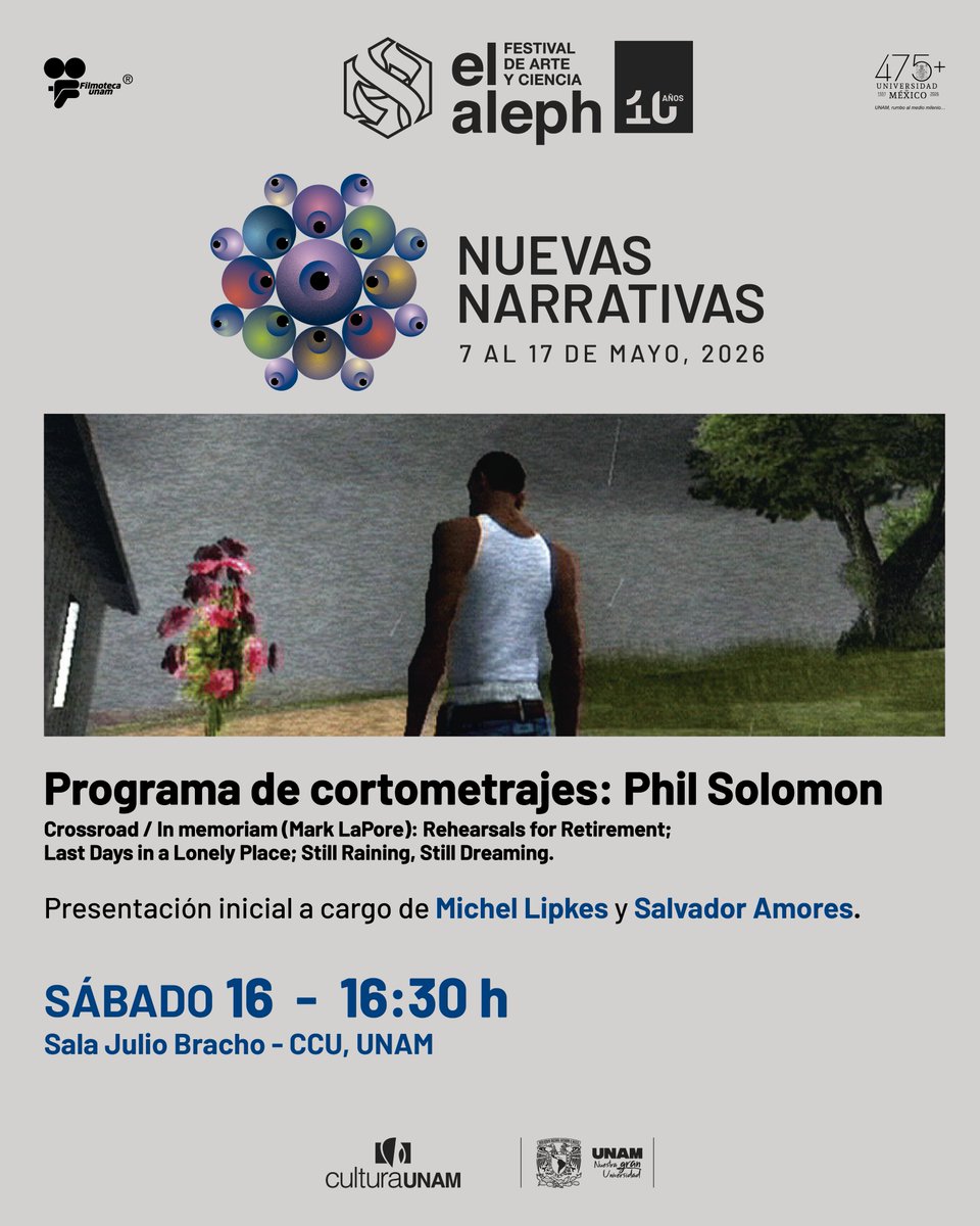 FilmotecaUNAM's tweet photo. 🎮🎬Entre paisajes digitales y tormentos íntimos, durante el @FestivalElAleph presentaremos la obra del cineasta experimental Phil Solomon, integrado por cortometrajes realizados enteramente al interior del videojuego Grand Theft Auto.

🗓️16/mayo📍CCU
🔗https://t.co/eCB6I6hCdZ https://t.co/6c830d4vRB
