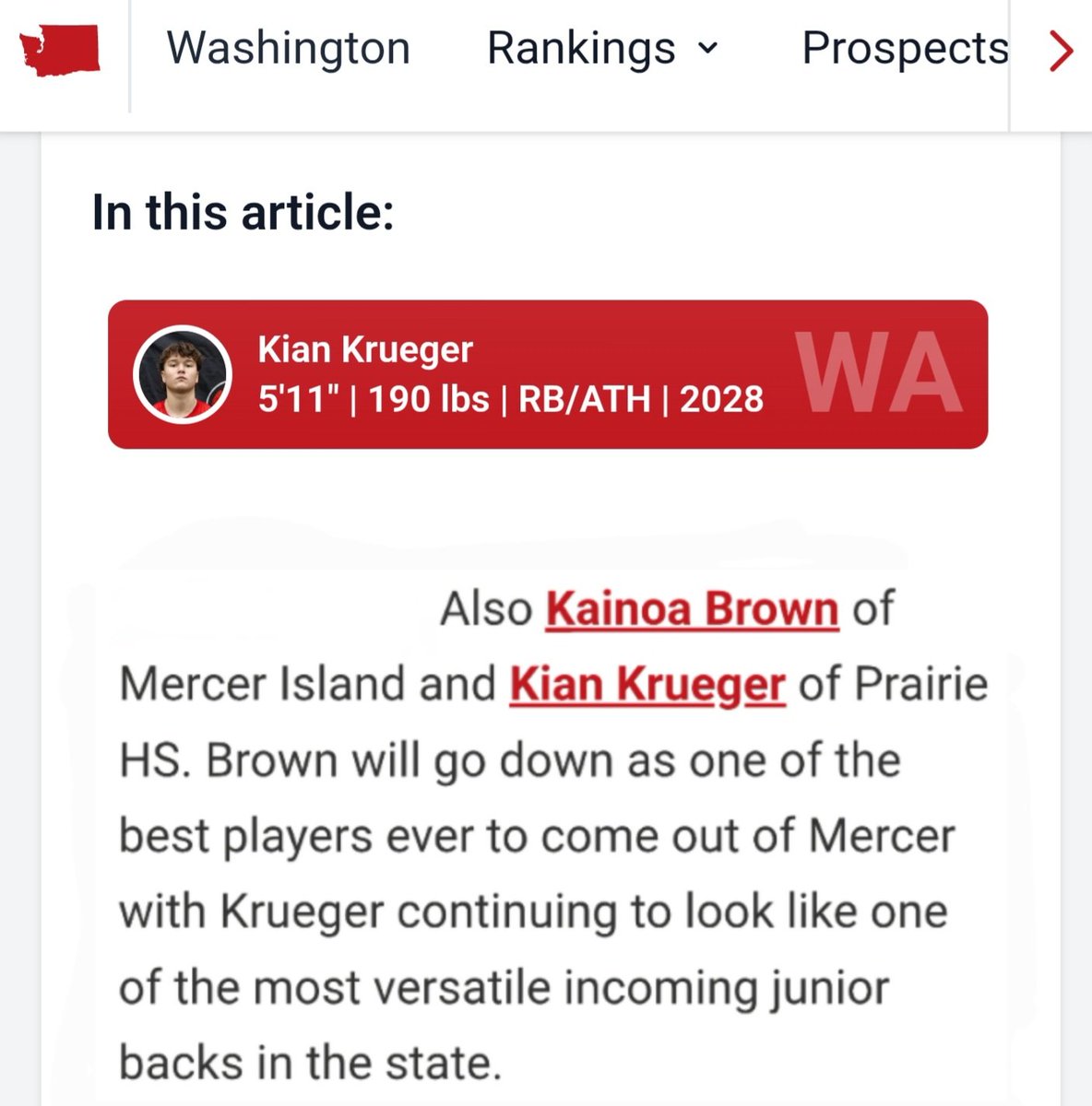 kian_d_krueger's tweet photo. Grateful to be mentioned in the latest @PrepRedzoneWA article. As always, thank you @JordanJ_ for the recognition. Goal stays the same: get better every day #classof2028 

@jamesy510 @PrairieFB @Prairie_AD @Ralph_Lam21 @TheNewAthlete @CoachWattsphs https://t.co/19BHqRuQkH