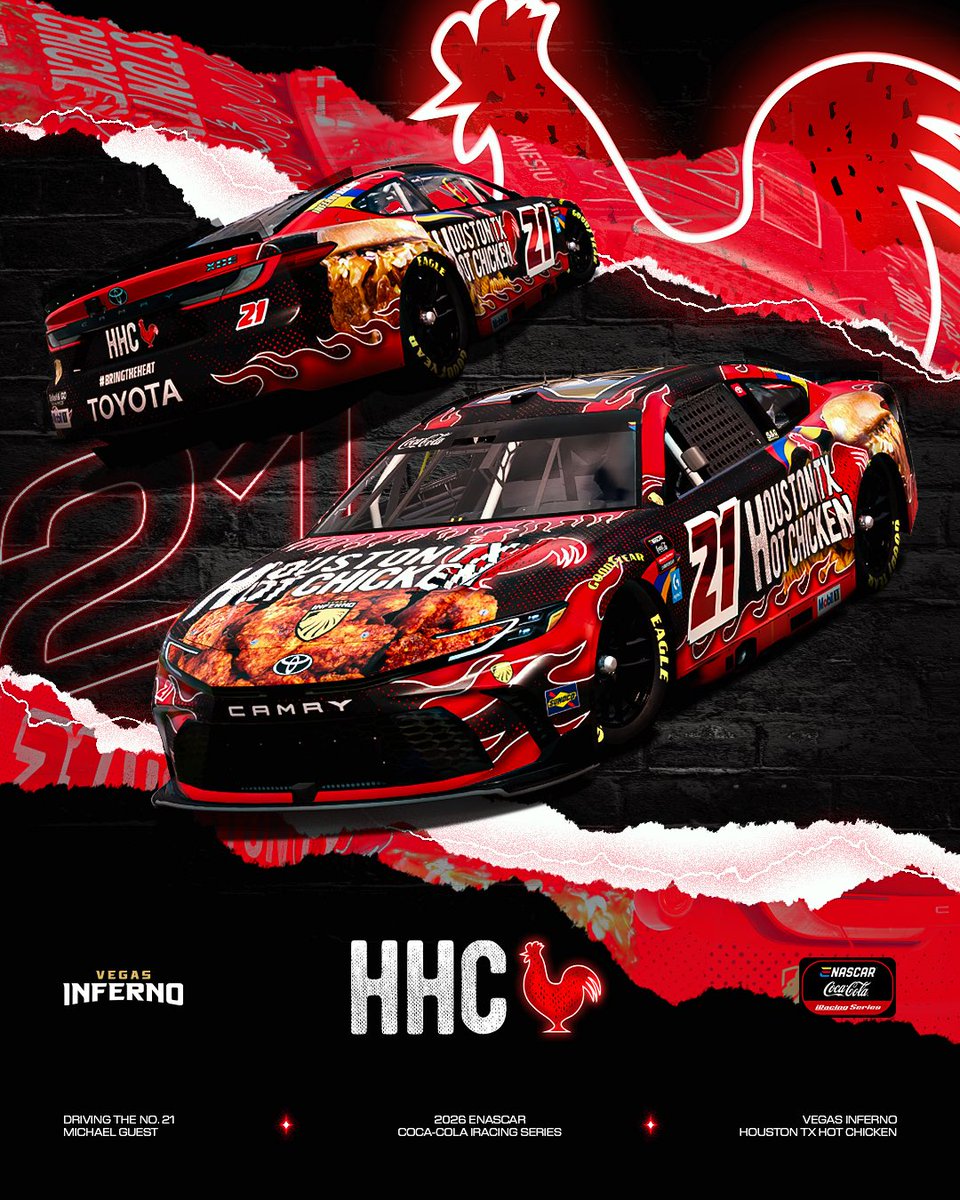 vegasinferno's tweet photo. ITS GETTING SPICY 🥵🥵

Introducing the @htxhotchicken 21 car, driven by @m_guest74 for the @enascar season!! 🦁❌🐓 https://t.co/J5jup3EeWZ