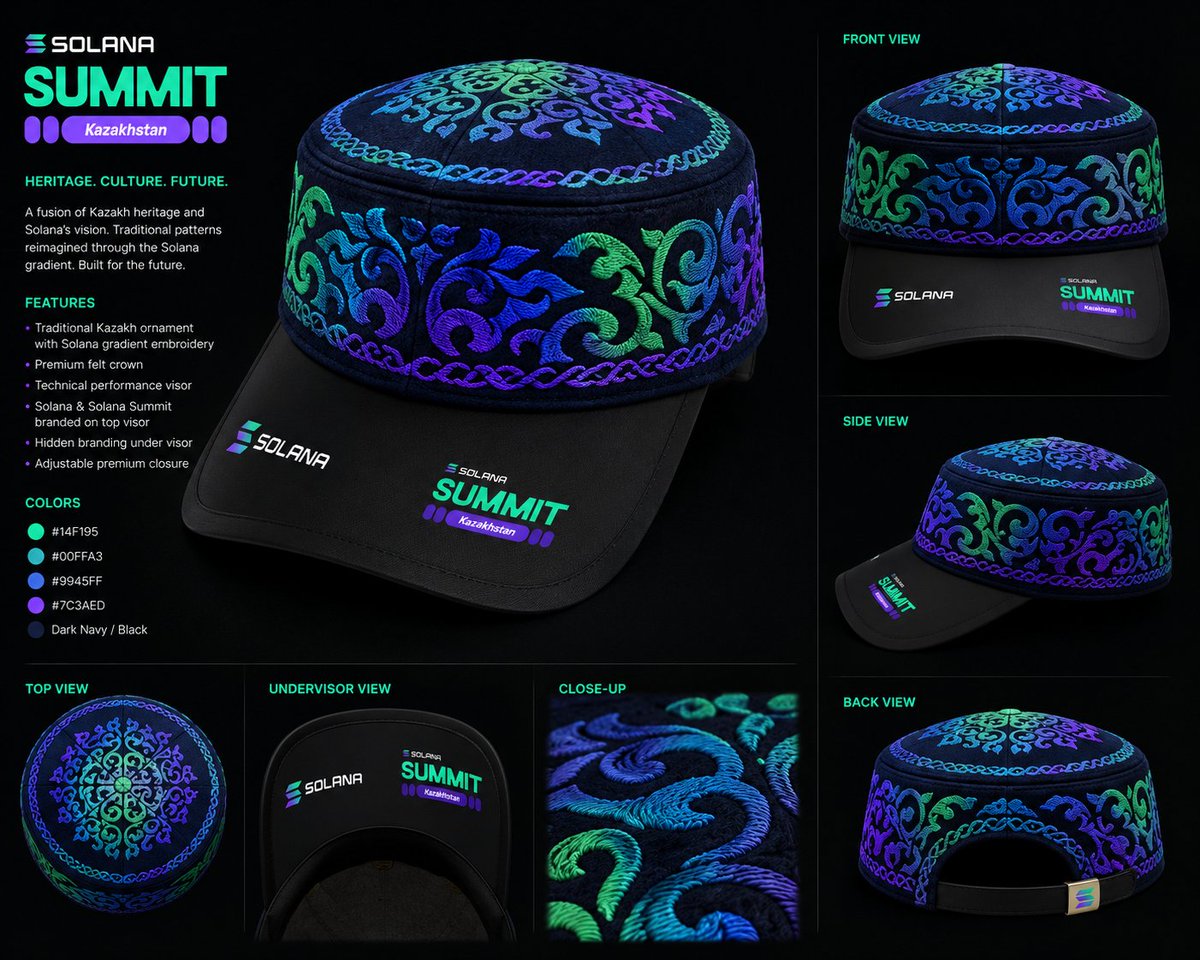 danik1900's tweet photo. What happens when traditional Kazakh heritage meets the @solana ecosystem?🇰🇿
Meet the "Taqiya Node" Cap. 🧢

Reimagining the traditional Taqiya skullcap. The "ою-өрнек" gradient embroidery represents the high-speed @solana network. Built for builders!
@SuperteamKZ #SolanaSummitKZ https://t.co/5VxGPJJDxN