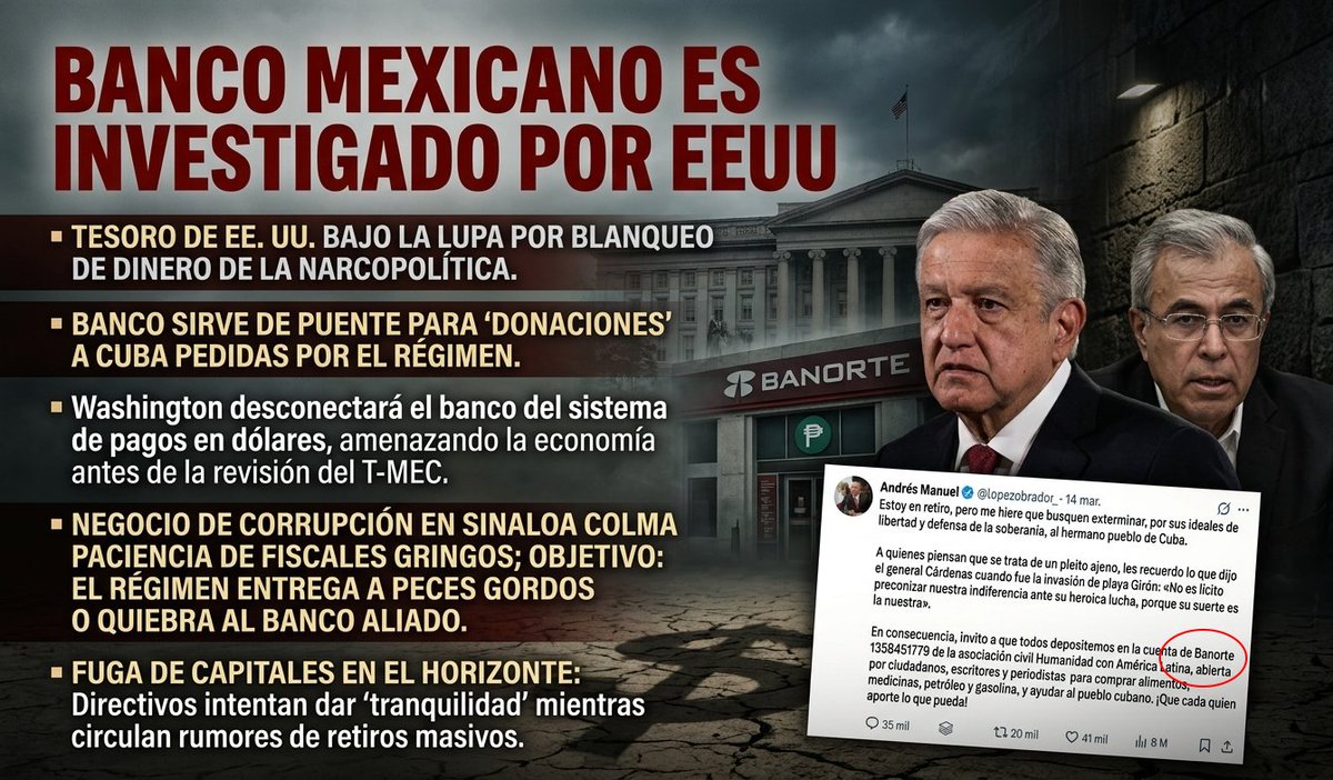anonopshispano's tweet photo. 🚨 JAQUE AL BANCO: EL TESORO CONTRA LAS ARCAS DEL RÉGIMEN 💸⚖️

La era de los "otros datos" se topó con la pared de concreto del @USTreasury. Fuentes de alto nivel confirman que EE. UU. tiene el dedo sobre el gatillo para sancionar a "un banco mexicano", y todo indicaría que se trata de @Banorte_mx, la institución en la que @lopezobrador_  pidió depositar "donaciones" para Cuba. Ahora, esa misma ventanilla está bajo la lupa por servir de puente para blanquear el dinero de la narcopolítica. 📉💸

El costo de proteger a Rocha Moya: La necedad por blindar al gobernador de Sinaloa colmó la paciencia de los fiscales gringos. Al ver que México no piensa entregarlo, Washington decidió golpear la cartera. Están listos para desconectar a este banco del sistema de pagos en dólares, lo que dejaría a la economía del país temblando justo antes de la revisión del T-MEC.

Fuga de Capitales en el Horizonte: El impacto ya se siente en los mercados; directivos de la institución han tenido que salir a dar declaraciones de "tranquilidad" mientras los rumores de retiros masivos de fondos públicos comienzan a circular. Se acabaron los negocios oscuros: o el régimen entrega a los peces gordos, o el Tesoro quiebra a sus aliados financieros. 🛡️💣

La CIA ya no pide permiso para "jubilar" objetivos y el Tesoro no pide permiso para congelar cuentas. El régimen mexicano queda como un espectador pasivo mientras los vecinos ponen el orden que aquí se canjeó por abrazos. 💸🚫🇲🇽

#CIAenMéxico #OperaciónAIFA #SoberaníaDePapel #DEAenAcción #EdomexBajoFuego #JaqueAlBanco #CorrupciónBanorte #CasoRocha 📢🚨💥