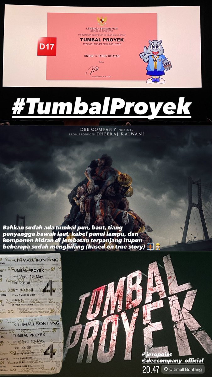 ramenow's tweet photo. Finally saw #TumbalProyek on the #bigscreen! You can really feel #Jeropoint’s signature storytelling style throughout the #movie. From a viral thread to a cinematic nightmare absolutely chilling!👷🏻👷🏻‍♂️🌉🏗️💀

#BasedOnTrueEvents #TumbalProyekMovie #TumbalProyekFilm #DeeCompany #DeeCompanyID #CitimallBontang @cinema21 @DeeCompanyID @JeroPoint