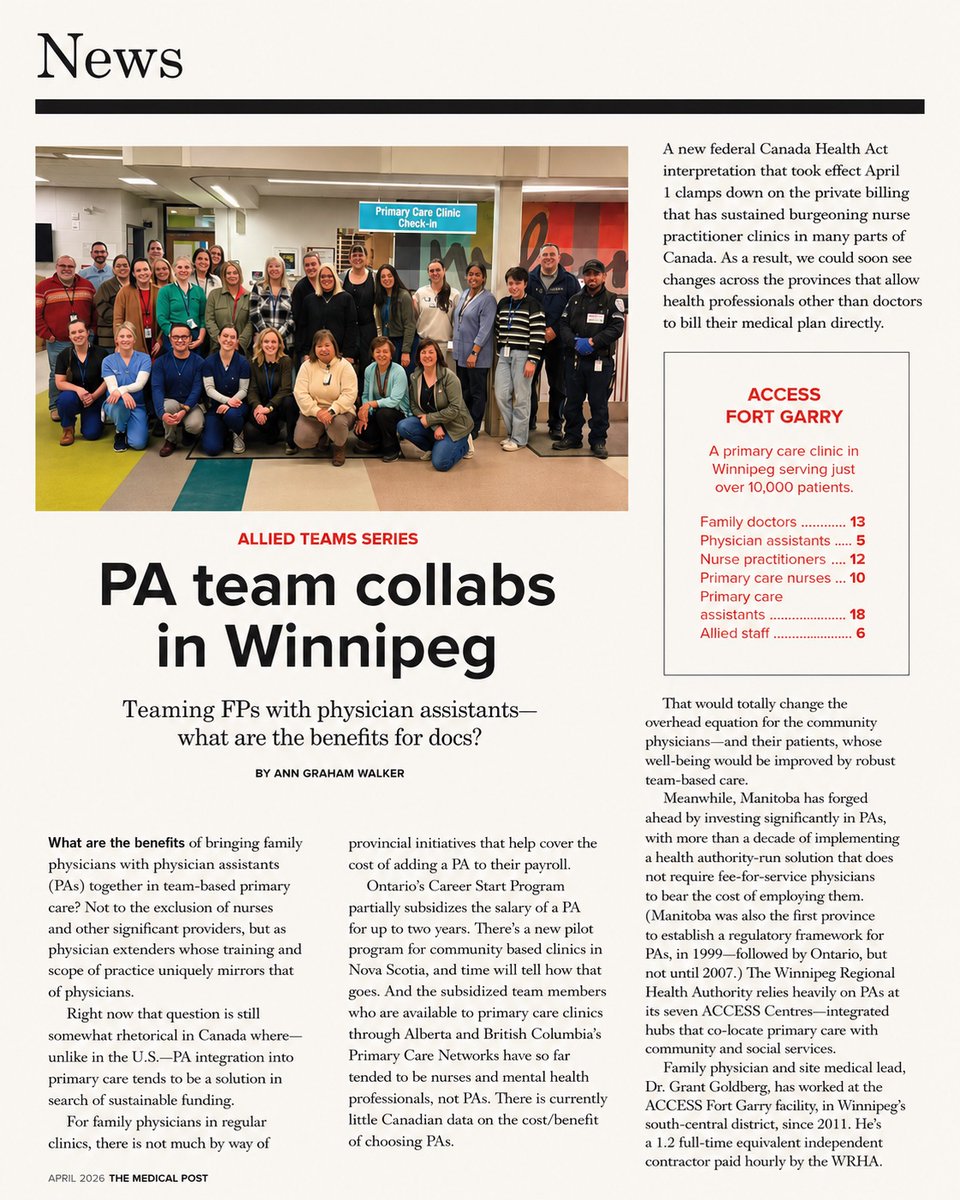 CAPA_ACAM's tweet photo. PAs are helping redefine what primary care looks like in Canada.

At ACCESS Fort Garry in Winnipeg, an interdisciplinary primary care team, including 5 PAs, 13 family physicians, 12 NPs, and other health professionals serve more than 10,000 patients. PAs are core members of the primary care team, delivering integrated, collaborative care that improves access for patients.

@MedicalPost is highlighting this model this month, and CAPA is proud to represent the professionals strengthening healthcare teams and expanding access to care across the country.

This is a proven example of how team-based primary care can expand access, strengthen continuity, and better support both patients and providers. The opportunity now is to scale what is already working.

April 2026 Issue

#PhysicianAssistants #CAPA #AlliedHealthTeams #PACommunity