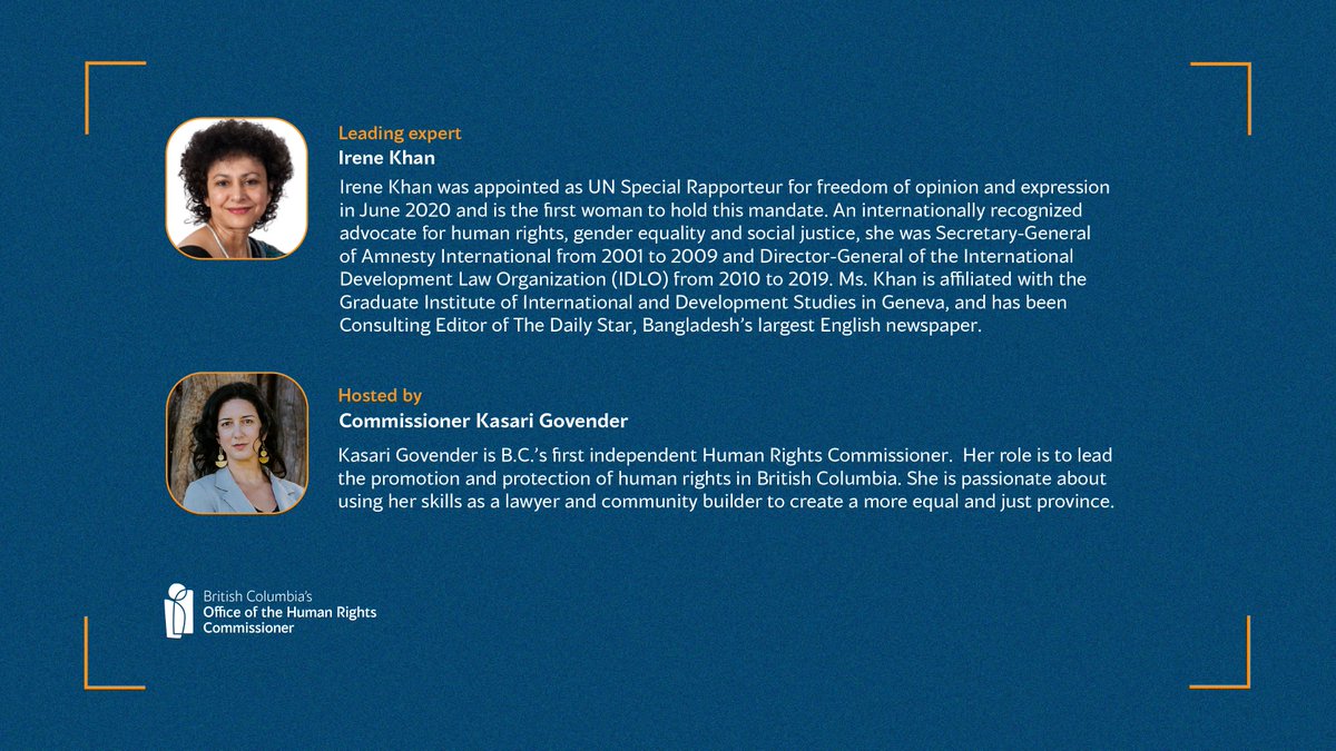 humanrights4BC's tweet photo. In the fifth episode of our Beyond the Headlines series on June 2, the Commissioner sits down for a conversation with Irene Khan, UN Special Rapporteur on freedom of expression and opinion. (1/2) https://t.co/BvksGbpIUR