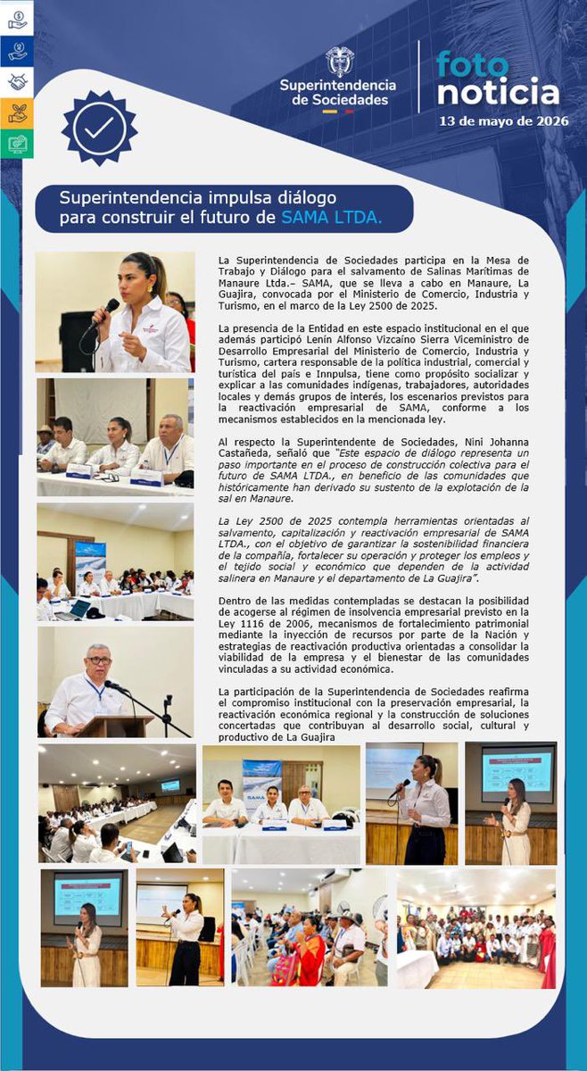 SSociedades's tweet photo. La Superintendencia de Sociedades participa en la Mesa de Trabajo y Diálogo para el salvamento de Salinas Marítimas de Manaure Ltda.– SAMA, que se lleva a cabo en Manaure, La Guajira, convocada por el Ministerio de Comercio, Industria y Turismo, en el marco de la Ley 2500 de 2025.