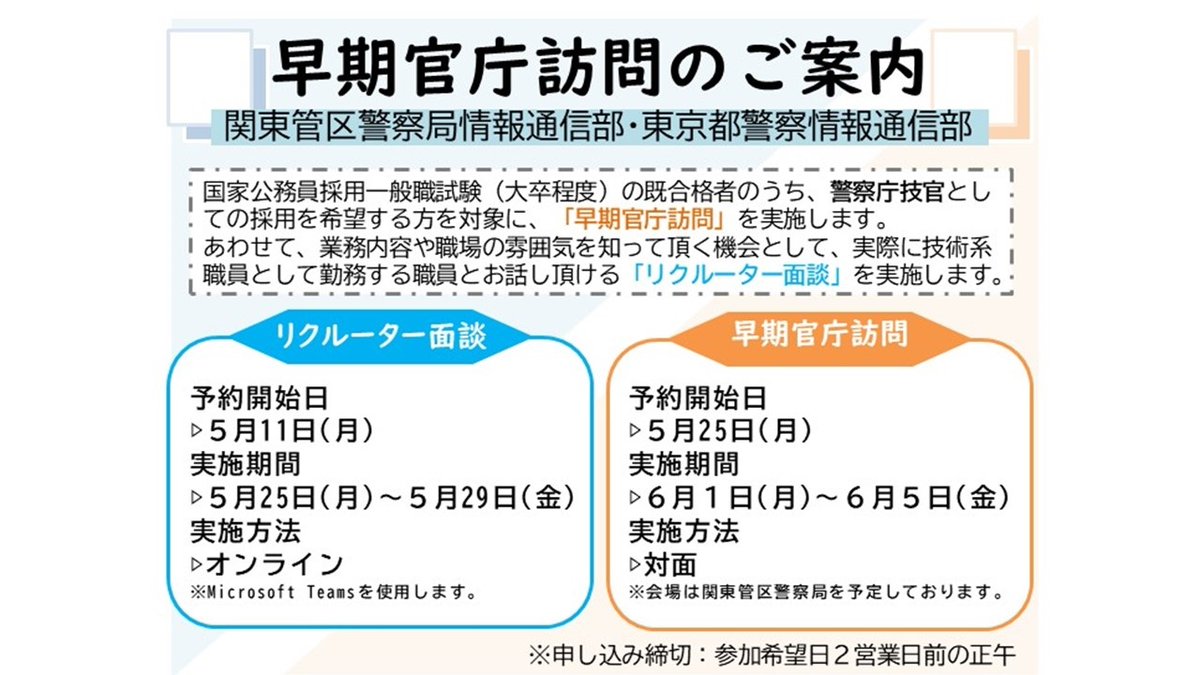 NPA_kanto's tweet photo. 『早期官庁訪問のご案内🎈』
国家公務員試験の既合格者を対象に早期官庁訪問を実施します。
あわせて、現役職員とのリクルーター面談も予約受付中！
詳細は関東管区警察局の公式HPをチェック✓
▷ https://t.co/xdh2PeZKHI

#警察庁 #関東管区警察局 #採用 #技術系職員 #国家一般職 #早期官庁訪問 https://t.co/wsbQun5odx
