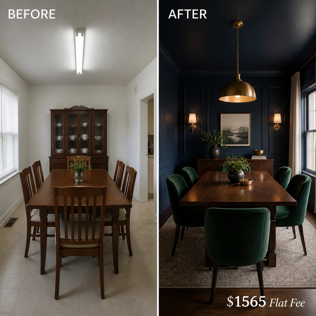 DanaModmulqueen's tweet photo. Is your dining room a gathering place or a museum?  Swap cold isolation for intimacy with color drenching &amp; warm, layered lighting. No construction. Visual Design Plans for a $1565 flat fee.

#interiordesigner
#ModernizeMethods https://t.co/FJKfGrRuGX