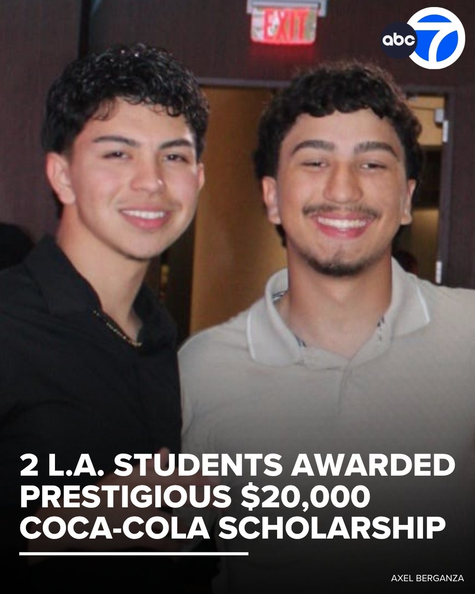 ABC7's tweet photo. Two local high school seniors were awarded a prestigious $20,000 scholarship and honored as one of Coca-Cola's annual scholars. 🥳🎓

Andres Gonzalez, a student at Garfield High School in East Los Angeles, and Axel Berganza, a Mendez High School student in Boyle Heights, were both selected for the scholarship.

Each year, only 150 students out of tens of thousands nationwide are chosen for this scholarship. https://t.co/Ei6tl26QsD