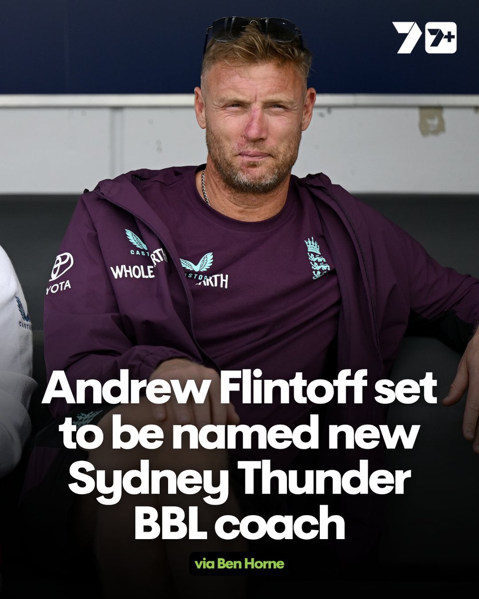 7Cricket's tweet photo. Andrew Flintoff is set to be named the new Sydney Thunder coach, beating the likes of Dan Christian and James Foster for the job 👀

(via @BenHorne8) https://t.co/E98XsndidK