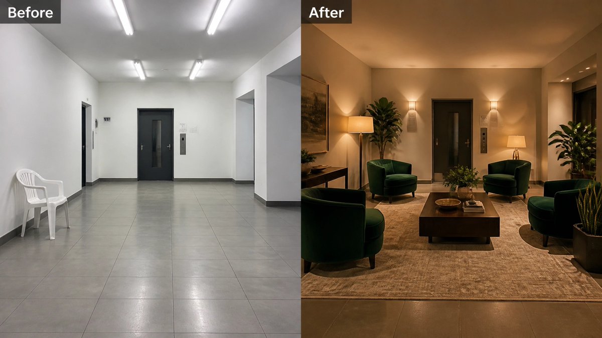 DanaModmulqueen's tweet photo. From cold lobby to inviting social hub: no sledgehammers needed. 

We swapped harsh lighting for warm layers and empty space for curated textures. Professional, yet soulful. No reno required. Just results.

DM to refresh your space!

#ModernizeMethods #B2BDesign https://t.co/wE01jnyuN1