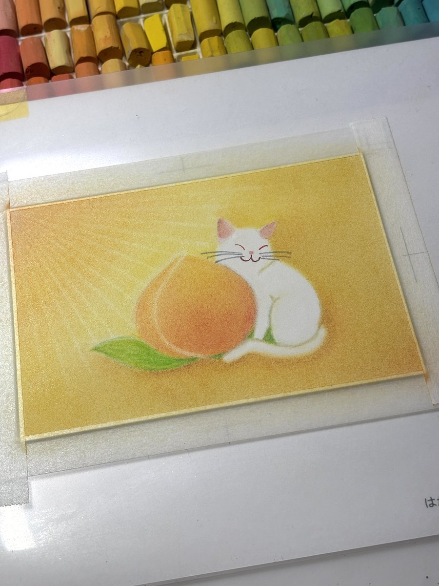 金運上がりそうな作品になれ〜と描き始めた「桃と猫」、仕上がりは