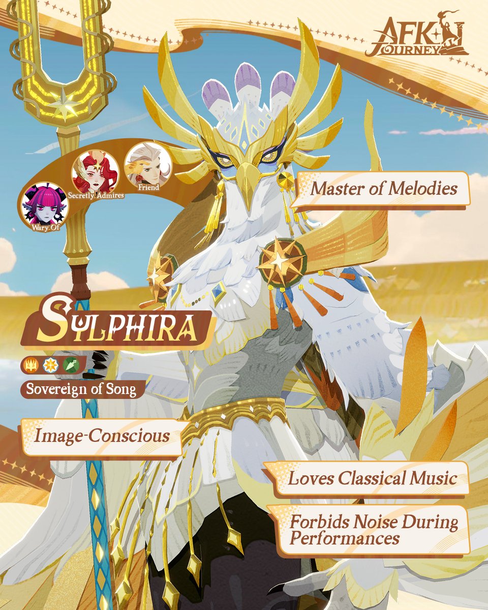 AFK_Journey's tweet photo. 🎼 Hero Profile: Sylphira

Sylphira carries herself with effortless grace, tending to every feather with meticulous care and moving with flawless poise.

Master of melodies and lover of classical music, even her words and movement seem to follow their own rhythm. #AFKJourney #Sylphira