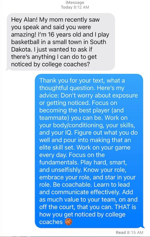 AlanSteinJr's tweet photo. This kid texted me seeking some advice. Here is my response.
 
NOTE: This advice far exceeds the game of basketball... and can be applied by anyone in any industry looking to advance in their profession! https://t.co/73Psk9eTAr