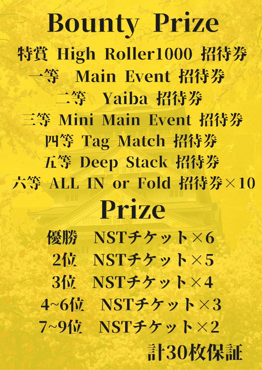 NagoyaParadia's tweet photo. ⚡NST×PARADIAコラボトーナメント開催決定⚡

🚨引用リポストキャンペーン🚨

キャンペーン参加方法
①NST公式アカウントフォロー❤️
@NST_poker 

②PARADIA公式アカウントフォロー❤️
@NagoyaParadia

③このポストを『意気込み+希望日』を添えて
引用リポストしていただいた方から❤️‍🔥

🤩各トーナメント1名ずつ無料招待‼️
📅 5/14(木)中に発表！！

なんと‼️5/15(日)スーパーサテライト参加全員に5/16(土) Mystery Bounty2,000円割引券
プレゼント‼️

🎊570,000相当🎊Mystery Bounty 30枚保証+NST様協賛Bounty💎

💎Bounty Prize💎
🎊特賞　High Roller1000 招待券🎊

【⚡️30枚保証⚡️】
⚔️NST SUPER SATELLITE⚔️

🎟️ チケットサテライト
1位〜5位 → 30枚保証✨
✔5/17(日)NST DAY1招待券🎟️
✔NSTチケット3枚🎫🎫🎫　

#NST
#尾張覚醒せよ