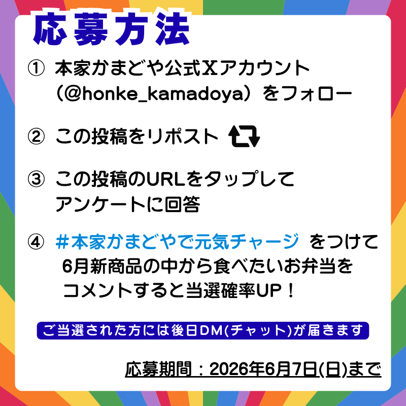 honke_kamadoya's tweet photo. ＼5,000円分のお弁当券が抽選で10名様に当たる🎁🍱✨／
#1日目
①@honke_kamadoya をフォロー
②本投稿を6/2 11:59までにRP🔁
③下記アンケートに回答🔽
https://t.co/C27ODTLvCV

＃本家かまどやで元気チャージ をつけて
6月新商品の中から食べたいお弁当をコメントすると
当選確率UP↗️