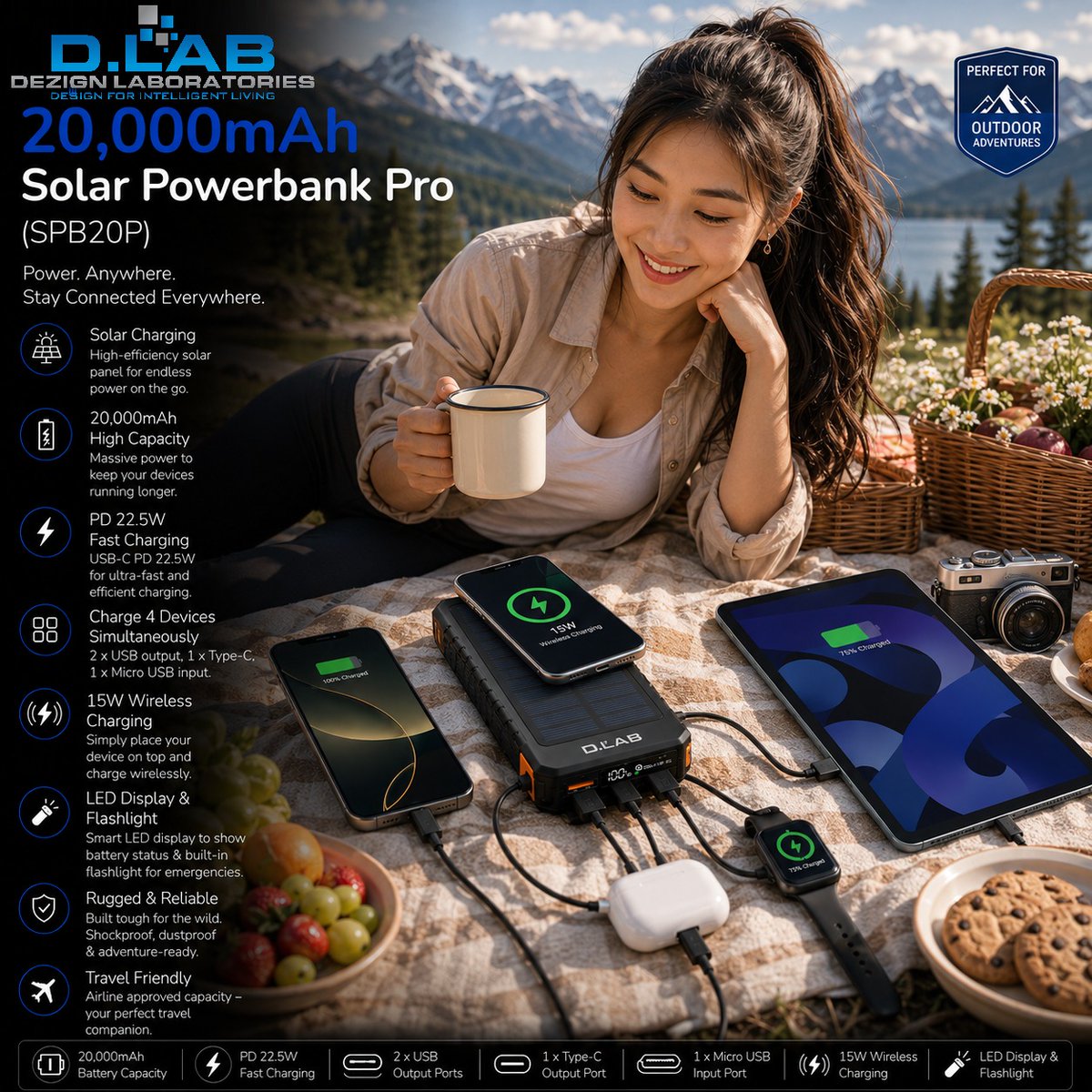 DLaboratories's tweet photo. Stay powered wherever your journey takes you with the D.LAB 20k Solar Powerbank Pro (SPB20P)! ☀️🔋🏕️

 https://t.co/TKkVHZmsgn⁠

#DLAB #DezignLaboratories #DesignToDeliver #EnergyLab #SolarPowerbank #WirelessCharging #PortablePower #FastCharging #OutdoorGear #CampingEssentials https://t.co/BAaVSYXsln