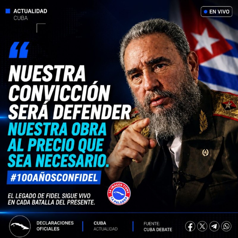AraisMiralles's tweet photo. Nuestra convicción será defender nuestra obra al precio que sea necesario.
#FidelPorSiempre #100AñosConFidel #CubaVencerá https://t.co/EYoYPyLvzb