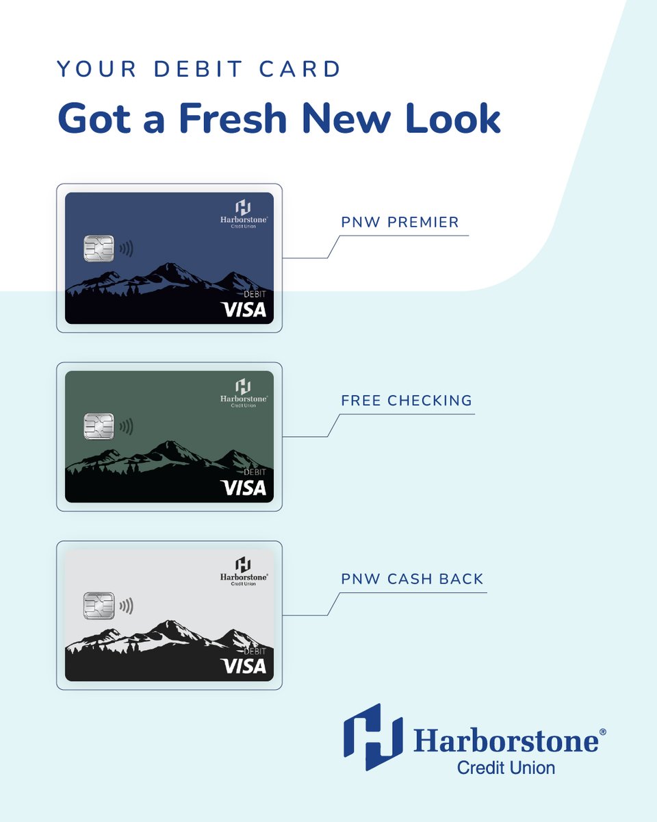 Harborstone's tweet photo. Get a fresh new look at Harborstone Credit Union!😎 

Show your PNW pride with Harborstone's NEW debit cards. Get yours today by visiting your local branch or opening a new checking account online.

Visit https://t.co/spgZj5dQud to get started! https://t.co/I0yEgiOigw