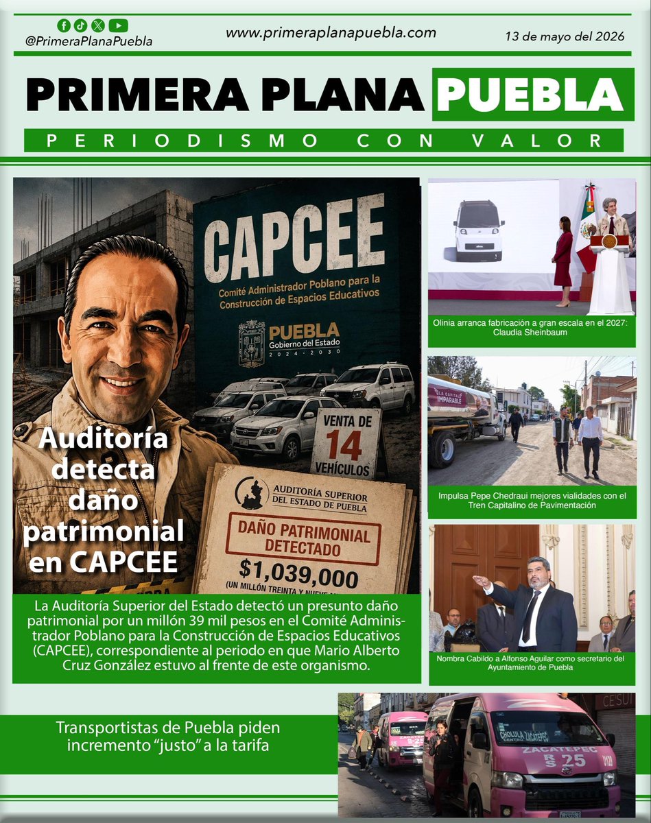riva_leo's tweet photo. Les dejo la portada de lo que mañana podrán leer en @PrimeraPPuebla @Primera_PlanaP. Detecta la @AsePuebla daño patrimonial en el #Capcee por un millón de pesos y observaciones a solventar por más de 4 mdp. #Entérate. Y también, hay nuevo secretario general en la comuna. ¿Quién? #Entérate.