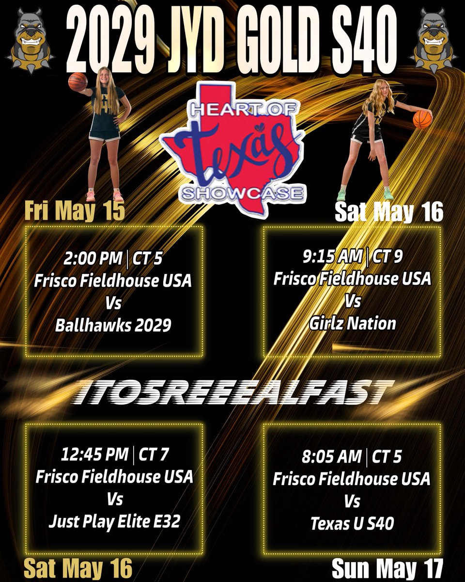 JYDBasketball's tweet photo. 2029 Tulsa JYD Chrome Gold S40
at the Heart of Texas 
𝟙 𝕥𝕠 𝟝 ℝ𝕖𝕖𝕖𝕒𝕝 𝔽𝕒𝕤𝕥
@ZoeHyde2029 @madilynaeb @Gabbyflorence29 @NorahP_2029 @AverySkaggs2029  @Mliggins21 @PiperJames_22 @Kyann_Weathers @ReesePainter29 
The Squad ⬇️ The Schedule ⬇️ https://t.co/CD0OuEFpTO