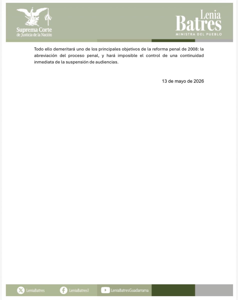 LeniaBatres's tweet photo. 📌 Comunicados 69/2026

La SCJN determinó que la suspensión de audiencias en juicio penal oral puede durar más de 10 días hábiles, y sólo se repondrá el procedimiento cuando, a juicio de la persona juzgadora, esa suspensión incida en el resultado del fallo.

#MinistraDelPueblo https://t.co/GeAVYlb3Zf