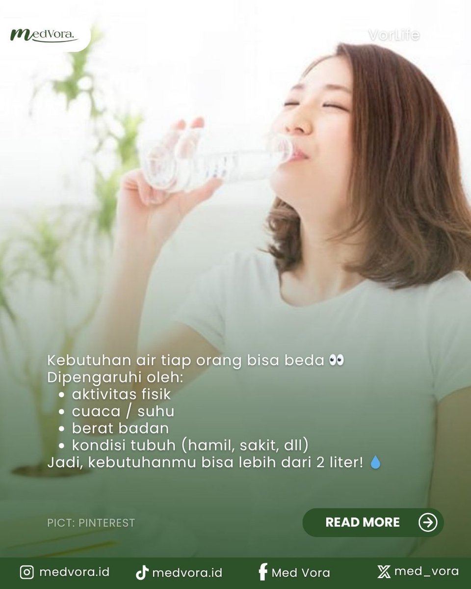 Med_Vora's tweet photo. Tubuh kita butuh asupan cairan yang cukup untuk tetap berfungsi dengan baik. Umumnya, orang dewasa disarankan minum sekitar 2–2,5 liter air per hari, tapi kebutuhan tiap orang bisa berbeda tergantung aktivitas dan kondisi tubuh 👀

Source: halodoc

#MedVora #HidupSehat https://t.co/AvNU7I718Y