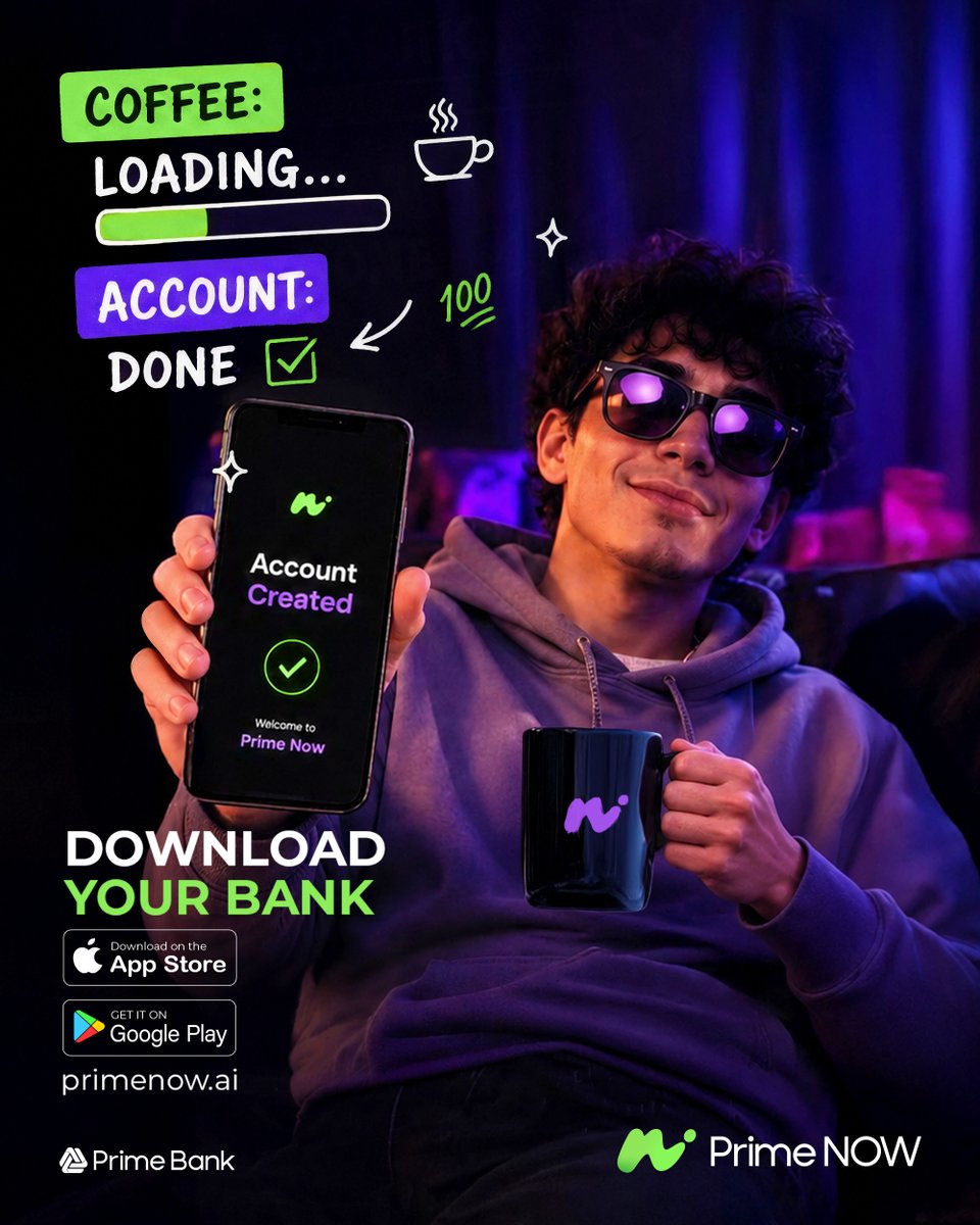 YourPrimeNOW's tweet photo. Coffee’s taking its time.
Your account didn’t. ☕⚡
No paperwork. No waiting rooms. No “come back tomorrow.”
Just a few taps and you’re in! 

Download Prime NOW.

#PrimeNOW #DownloadYourBank #YourBankInYourPhone #YouBeYou #DigitalLifestyle https://t.co/e4K0TFSoHH