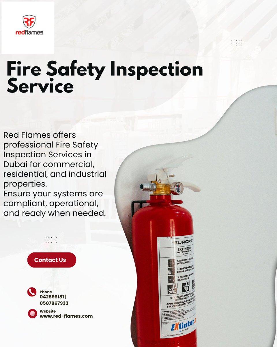 FlamesLlc's tweet photo. Red Flames offers professional Fire Safety Inspection Services in Dubai for commercial, residential, and industrial properties.

Ensure your systems are compliant, operational, and ready when needed.
#FireSafetyInspection #FireCompliance #RedFlames #SafetyFirst #DubaiFireSafety https://t.co/fKREHVl5Y6
