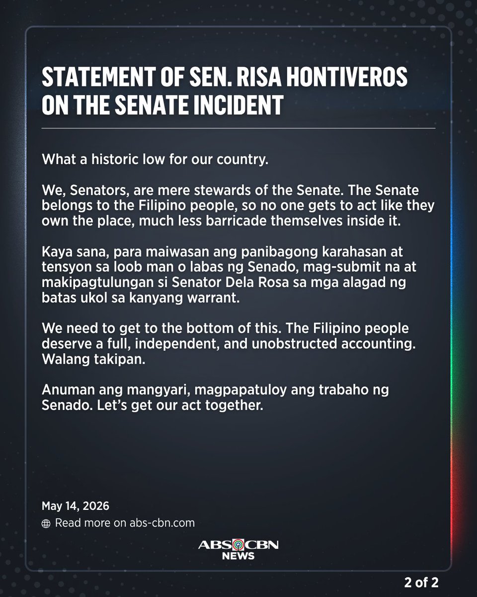 ABSCBNNews's tweet photo. 'WHAT A HISTORIC LOW FOR OUR COUNTRY'

Kinondena ni Sen. Risa Hontiveros ang nangyaring insidente sa loob ng Senado nitong Miyerkules ng gabi, May 13, 2026.

Nilinaw din niya kung bakit wala na siya at mga kapwa senador sa Minority bloc nang mangyari ang putukan ng baril.

Kaugnay na ulat: https://t.co/Nuiqs2eh9u