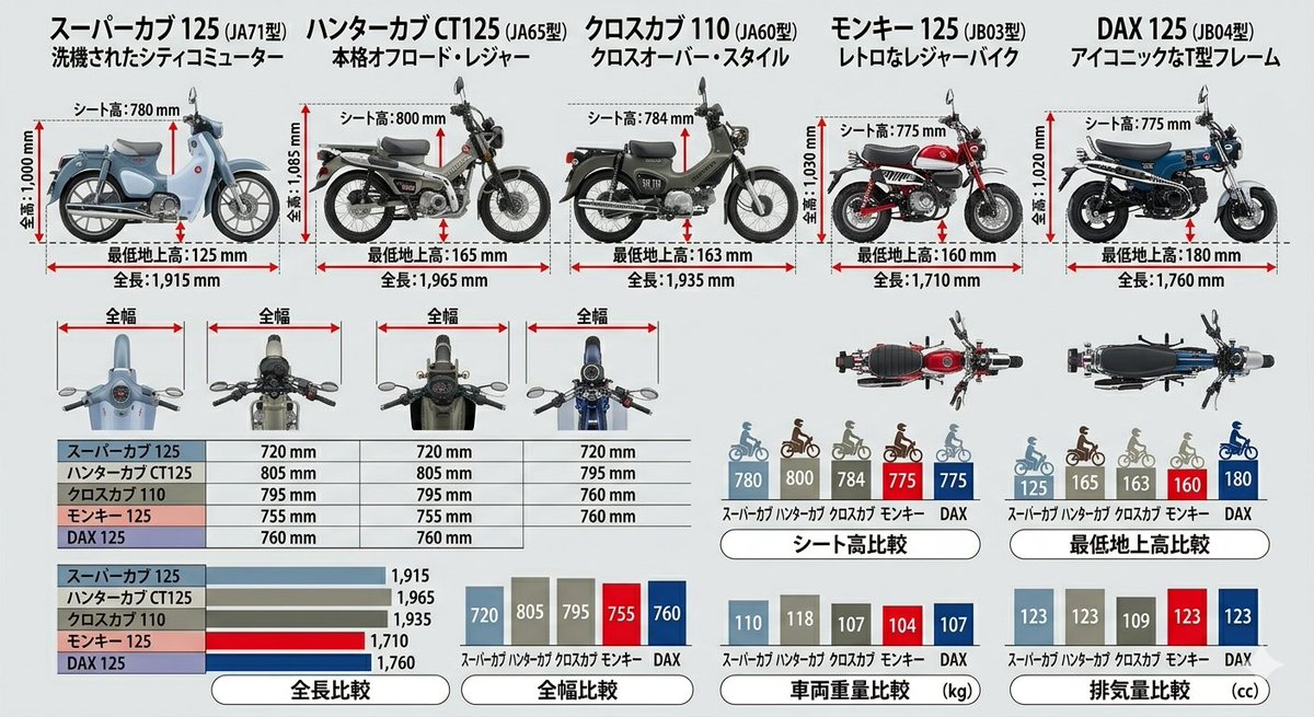 tom820803's tweet photo. メーカーは絶対に作らないけどあったらなんとなく便利な #ホンダ の #カブ シリーズの比較図。まずは #Gemini の #Nanobanana  で作ってみました。
全幅の箇所以外は優秀で数値も正しかったですー！ https://t.co/vYJdapiuAh