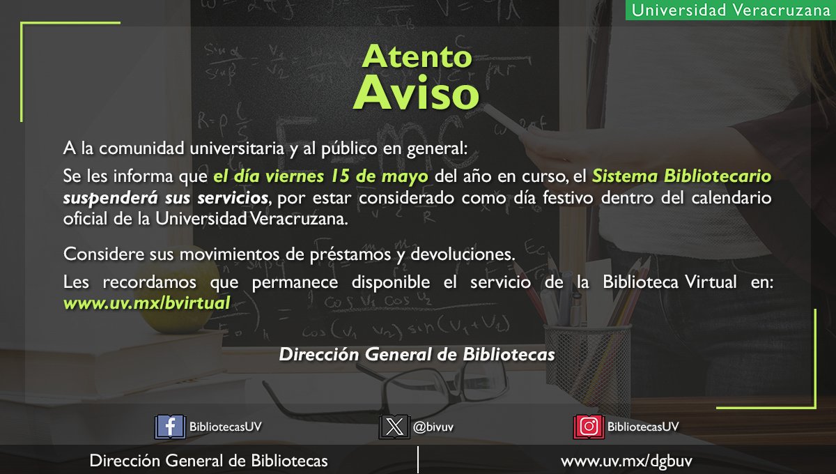 bivuv's tweet photo. #ComunidadUV programa tus préstamos, tus #bibliotecasUV suspenden servicios el próximo 15 de mayo. https://t.co/Qm6a9vTsLk