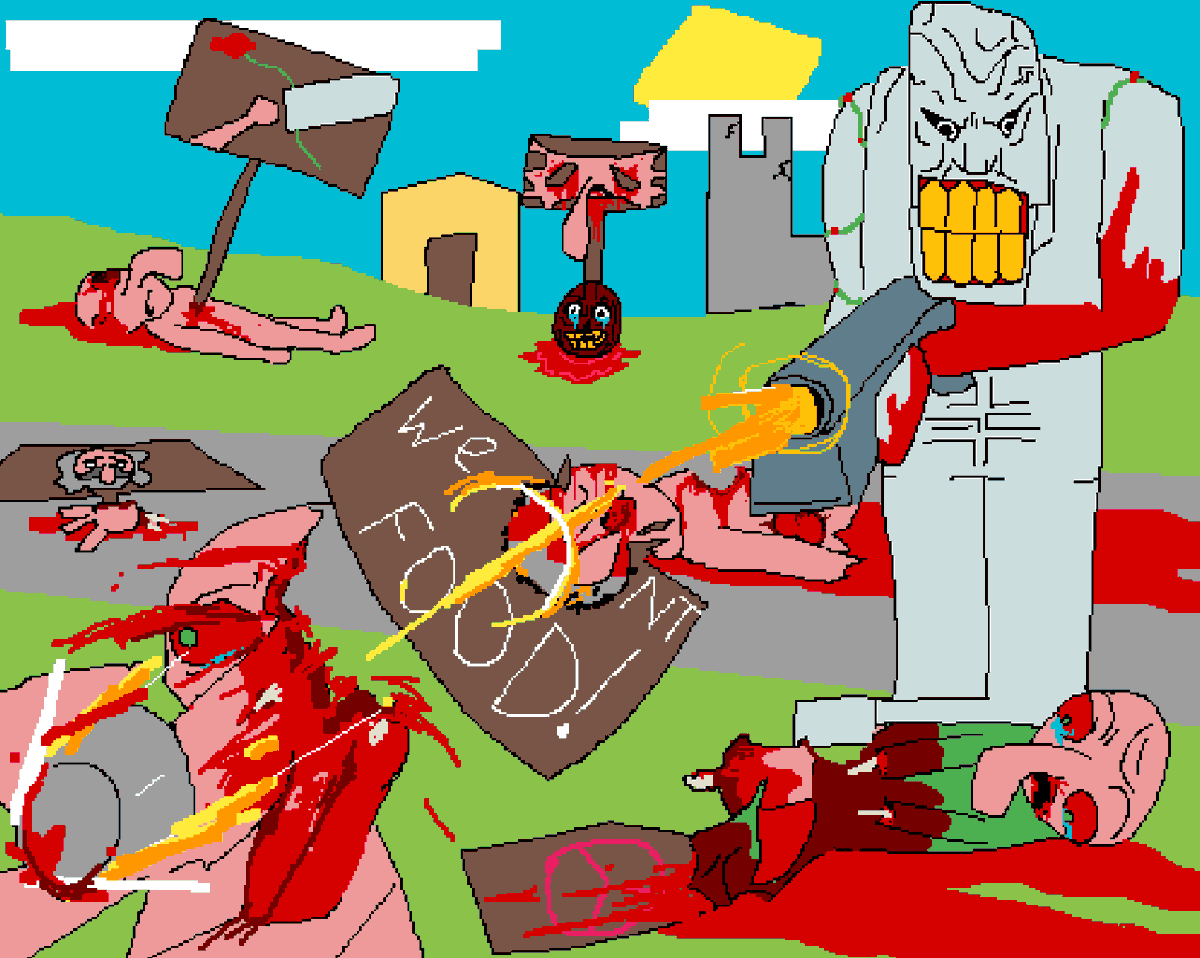 cheetosdeadfart's tweet photo. the iron golem is sent on union busting mission to abort a strike  for villager rights (minecraft fan art) https://t.co/ECSbyp5dV9
