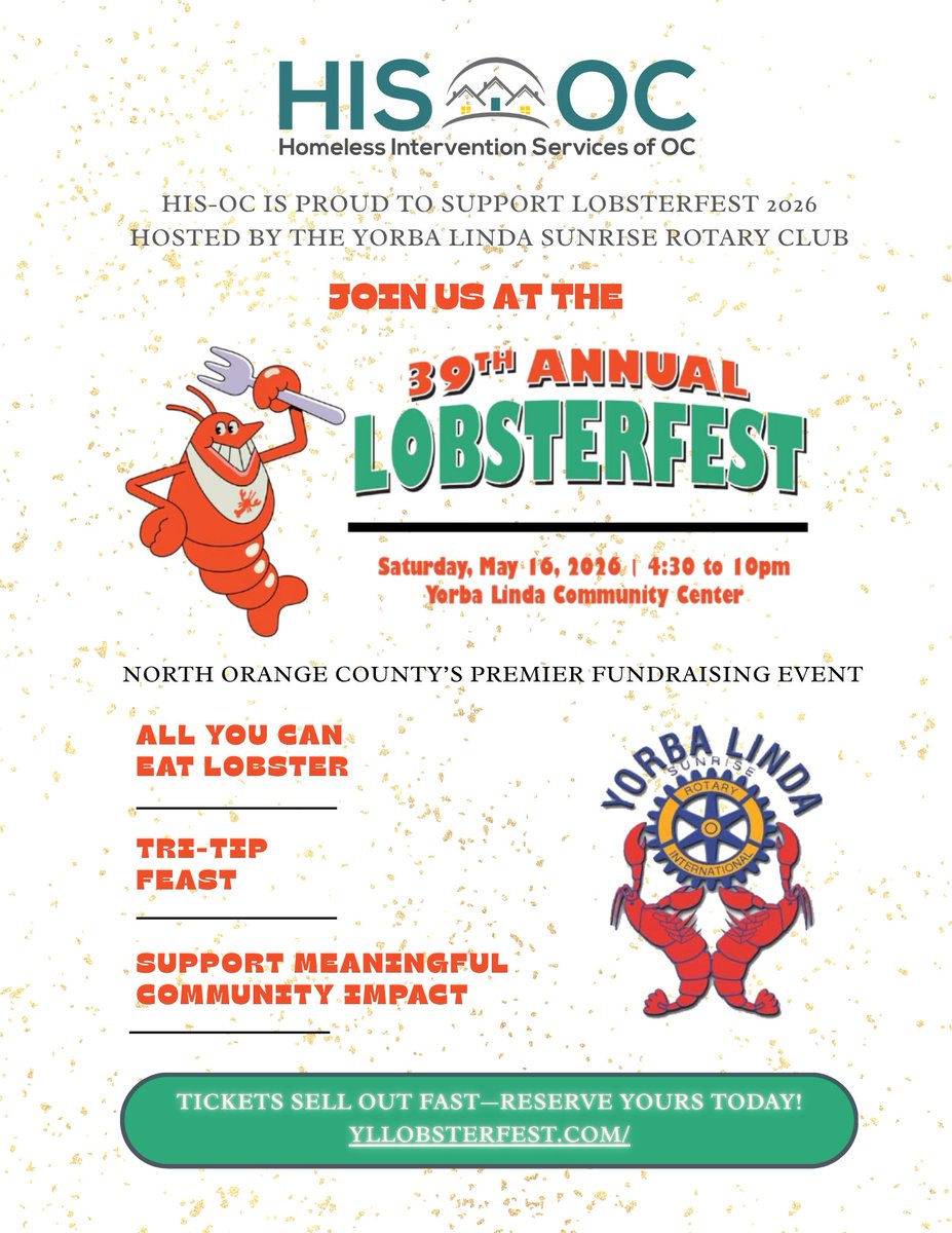 Homeless_Int_OC's tweet photo. Join HIS-OC in supporting the 39th Annual Lobsterfest hosted by the Yorba Linda Sunrise Rotary Club! 🦞

📅 May 16, 2026
🕟 4:30–10:00 PM
📍 Yorba Linda Community Center

🎟️ Tickets sell out fast: https://t.co/gXRGn8bXne

#YorbaLinda #OrangeCounty #HISOC #RotaryClub #GiveBack https://t.co/u81OqO9y1I