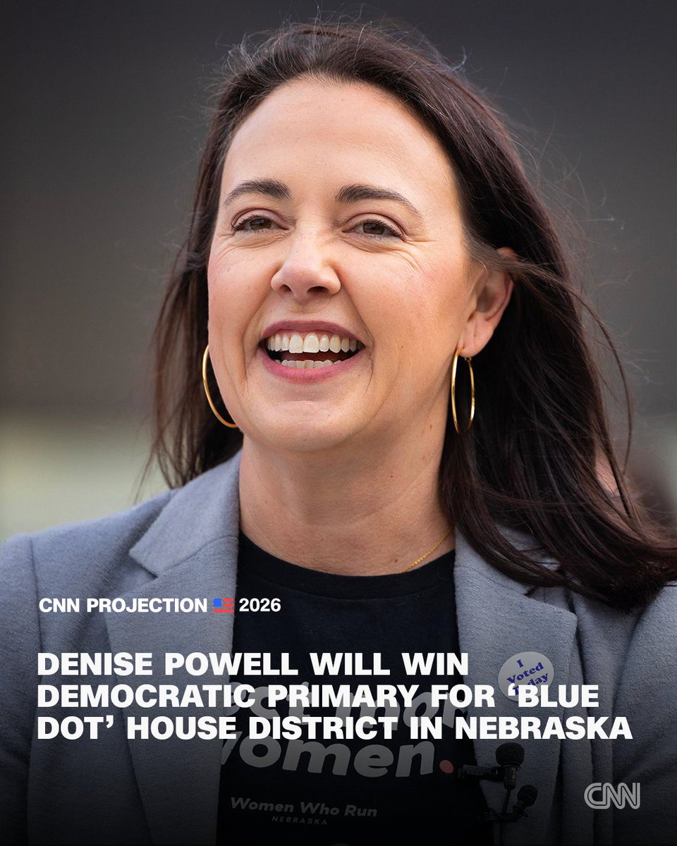 cnnbrk's tweet photo. Denise Powell will win the Democratic primary in Nebraska’s "blue dot" 2nd Congressional District, CNN projects, a race that is poised to become one of the nation’s most competitive contests this fall that could help determine control of Congress. https://t.co/YRTc3hhNB0 https://t.co/d5Vwahsxdy