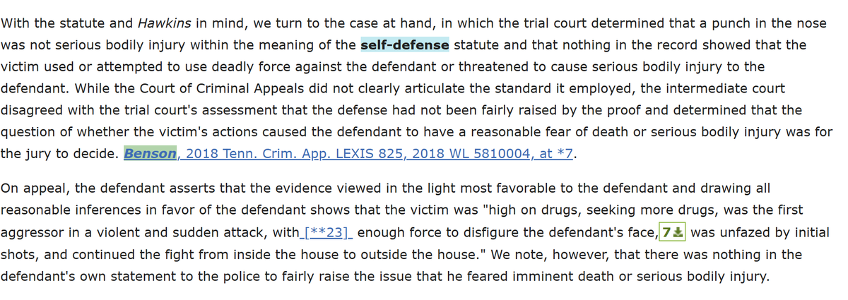ASFleischman's tweet photo. The Supreme Court of Tennessee said he was not entitled to a self-defense charge at all, because in that State, you don't get a charge unless your evidence "fairly raises" self defense.

You can't shoot someone who punches you in the nose. Period. https://t.co/yDSs0eMz46