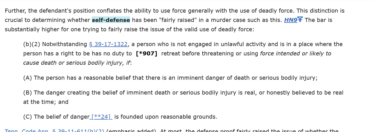 ASFleischman's tweet photo. The Supreme Court of Tennessee said he was not entitled to a self-defense charge at all, because in that State, you don't get a charge unless your evidence "fairly raises" self defense.

You can't shoot someone who punches you in the nose. Period. https://t.co/yDSs0eMz46