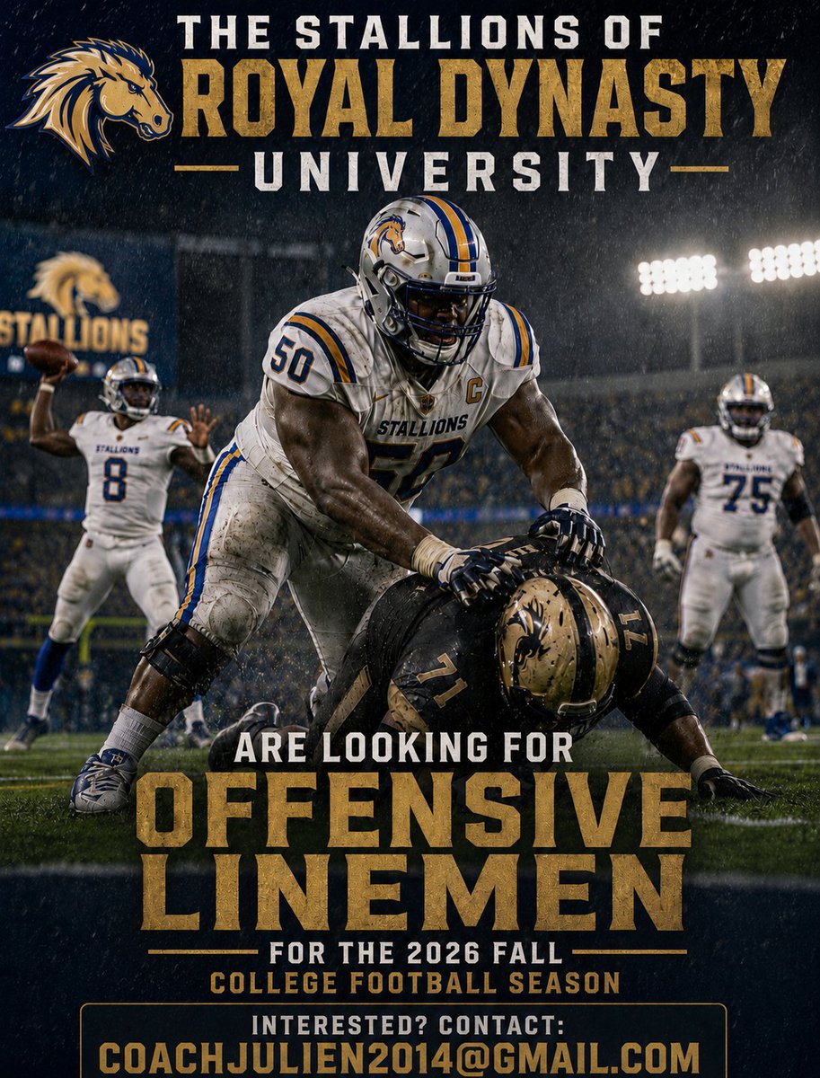 CoachJuliensuso's tweet photo. I will be the Head Coach for The Royal Dynasty University Stallions for the 2026 college football season. We are a first year program based in Lakewood, Co. Right outside of Denver.If you have someone or are interested either inbox or email me. Let's talk. https://t.co/IltLhb6qFl