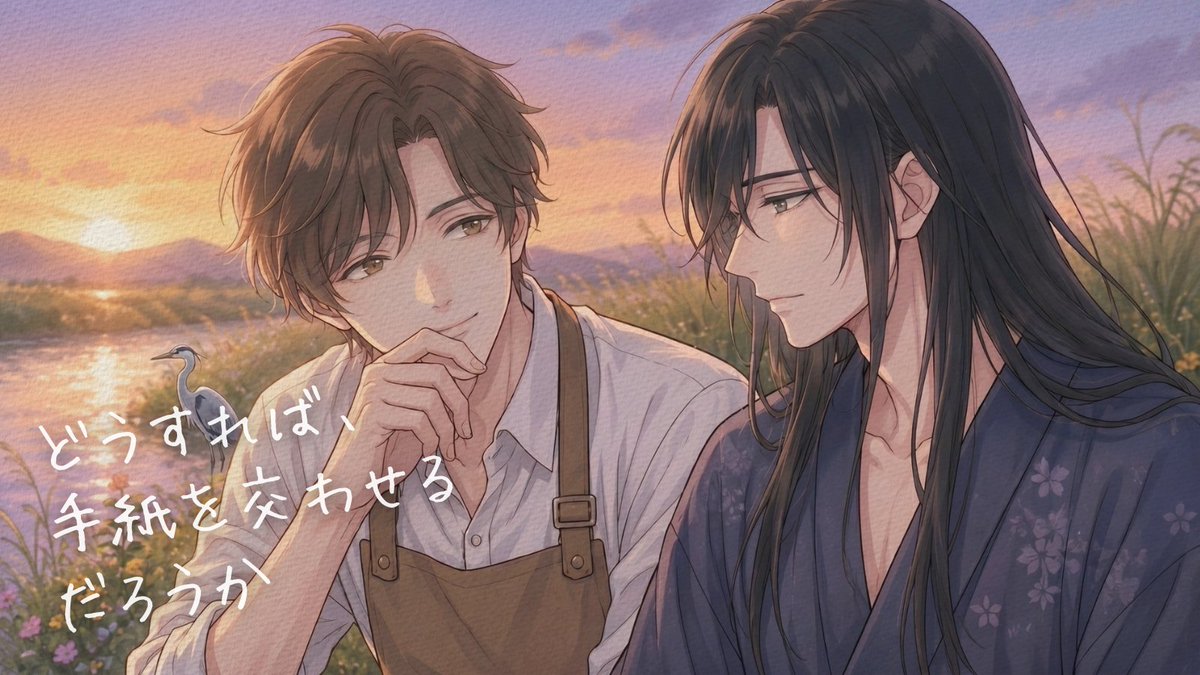 Shizukitantei's tweet photo. 🌙新作公開

「どうすれば、
　手紙を交わせるだろうか」

夕暮れの河原で、
鳥の話や手紙の話をする
花鈴と英詩のふたり🌿

少し不思議で、
やさしい時間です✨

『手紙を交わせる、その日まで』

https://t.co/mGbhzqMWz4 https://t.co/aMZNAWBOkY