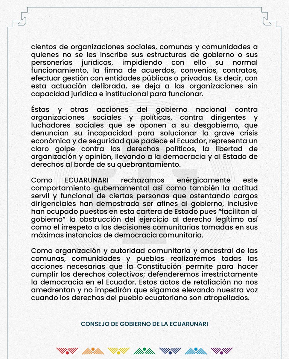 ecuarunari_ofic's tweet photo. ⭕ #ATENCIÓN | La Secretaría de Gestión y Desarrollo de Pueblos y Nacionalidades, oficina con rango de ministerio adscrita a la presidencia declaró el “desistimiento” de la solicitud de inscripción del nuevo Consejo de Gobierno presentada por la ECUARUNARI, y ordenó su archivo. https://t.co/UbmUzpGxFD