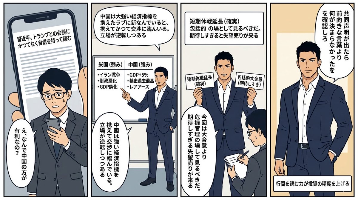 alphasterone_'s tweet photo. 【米中首脳会談 進行中】🇺🇸🇨🇳

Bloombergが指摘。
「習近平は今まで以上の自信でトランプと対峙」

中国GDP+5%・輸出過去最高。
イラン戦争で弱みを見せる米国とは対照的。

大合意より危機管理の場と見るべきか。

#米中首脳会談 #習近平 #トランプ
#Investing #StockMarket #Bloomberg https://t.co/xr0p3xvMrw