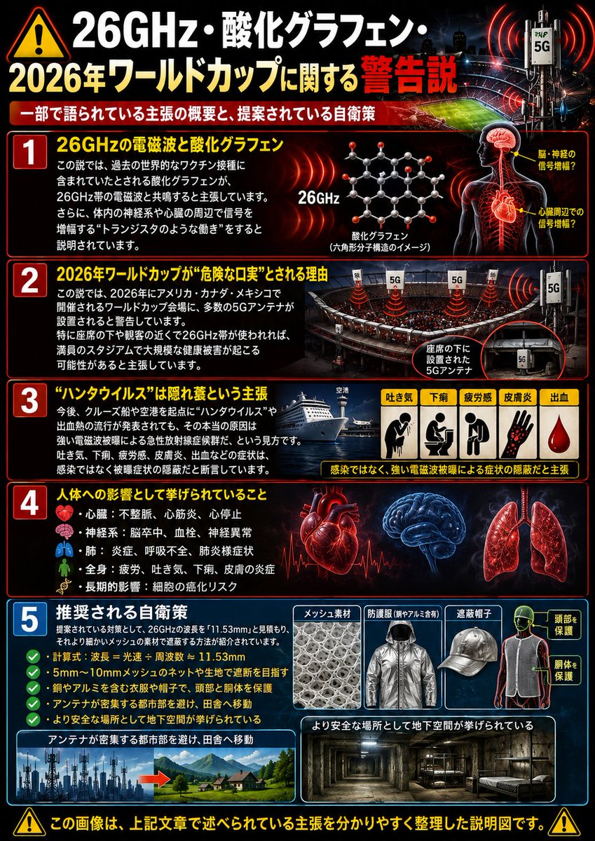 kazu_uracorona's tweet photo. ワールドカップ2026
5G通信、26GHz帯

「26」

推奨される自衛策
・電磁波���ールド衣服
・田舎へ行く
・地下空間へ行く

**********

「5G通信（特に26GHz帯）」「過去のワクチン接種に含まれるとされる酸化グラフェン」「2026年のFIFAワールドカップ」、来るべき世界的な健康被害に対する警告と独自の自衛策について。

1. 26GHzの電磁波と酸化グラフェンの関係
酸化グラフェンの混入主張:
過去に行われた世界的なワクチン接種（動画内では隠語で表現）のバイアル内に「酸化グラフェン」が含まれていたと主張しています。

体内でのトランジスタ効果: 
この酸化グラフェンは26GHzの電磁波（マイクロ波）と共鳴し、体内（特に神経系や心臓）で信号を増幅させるトランジスタとして機能すると語っています。

2. 2026年ワールドカップが「完璧な口実」である理由
スタジアムの5Gインフラ: 2026年に���メリカ・カナダ・メキシコで開催されるワールドカップでは、観客の膨大なデータ通信を処理するために、座席の下などに多数の5Gアンテナ（26GHz帯）が設置されると指摘しています。

大規模な被害のシナリオ: 
満員のスタジアムで26GHzの強力な電磁波が照射されることで、観客の体内の酸化グラフェンが反応し、心停止や呼吸不全などの大規模な健康被害（同時多発的な突然死など）が引き起こされると警告しています。

3. 「ハンタウイルス」という隠れ蓑と急性放射線症候群
新たなウイルスの偽装: 今後、港に停泊するクルーズ船や空港を起点として「ハンタウイルス（ネズミ媒介のウイルス）」や出血熱が流行するという公式発表がなされると予想しています。

真の原因は電磁波: 
しかし、その症状（吐き気、下痢、疲労感、皮膚の炎症、���血など）はウイルスによるものではなく、実際には強力な電磁波被曝による「急性放射線症候群」を隠蔽するためのカバーストーリー（隠れ蓑）であると断言しています。

カナリア諸島での演習: 
スペインの保健相がカナリア諸島で出血熱のシミュレーション演習を行ったことを挙げ、これが事前に被害を計画している証拠であると主張しています。

4. 人体への具体的な影響
電磁波と酸化グラフェンが引き起こす影響として、心電図の異常（不整脈、心筋炎）、神経系の異常（脳卒中、血栓症）、肺の炎症、さらには長期的な細胞の癌化などを挙げています。特に、肺に蓄積したグラフェンが炎症を起こすことで、風邪や肺炎に似た症状（人為的なインフルエンザ様症状）が出ると述べています。

5. 推奨される自衛手段と対策
配信者は、視聴者に対してパニックにならず、以下のような物理的・環境的な対策を取るよう促しています。

電磁波の波長と��護服: 
26GHzの波長を計算式（光速 ÷ 周波数）で「11.53mm」と算出し、これより細かいメッシュ（例えば5mmや10mm）の防護ネットや生地を使えば電磁波を遮断（ファラデーケージ効果）できると解説しています。

頭部と胴体の保護: 
放射線防護用の衣服（銅やアルミニウムを含むTシャツや帽子など）を購入または自作し、特に重要な臓器である心臓と脳（頭部と胴体）を保護することを強く推奨しています。

田舎への避難と地下空間: 
アンテナが密集する都市部（特に障害物のない500m圏内）から離れ、電磁波の届きにくい田舎へ移住することを勧めています。さらに安全なのは電磁波が届かない「地下空間」であるとも述べています。

アンテナの無効化: 
法的な抗議は無意味であるとし、地域住民で団結して直接アンテナの電源を切るなど、実力行使���なアプローチを示唆しています。

**********

「放射線防護用の衣服」や「電磁波を遮断する生地」は、一般に「電磁波シールド」「ファラデー生地」といった名称で市販されており、以下のような商品が見つかりました。

1. 電磁波シールド帽子・キャップ
頭部（脳）を電磁波から保護するためのアイテムです。裏地に銀繊維（金属被膜）などの導電性生地を使用することで、高周波を反射・減衰させます。

エコロガ 高周波電磁波シールドニット帽子 MS308
・特徴: 純銀を被膜したナイロン糸を使用。第五世代移動通信システム（5G）など、10GHzまでの高周波（マイクロ波）を99.9%以上遮蔽すると謳っています。

マモデンパ 電磁波シールドキャップ EMC-214CAP
・特徴: 裏地に銀繊維とポリエステルを使用。携帯電話やWi-Fiなどの高周波電磁波（10MHz〜10GHz）を90%以上遮蔽するとされています。

ユニカ 電磁波対策 帽子
・特徴: 特殊な銀メッキ糸を使用し、高周波を防ぐ目的で作られています。

2. 電磁波シールドTシャツ
胴体（特に心臓などの臓器）を保護するための衣服です。こちらも銀繊維などを編み込んだ特殊生地を使用しています。

エコロガ 男性用/女性用 高周波電磁波シールド Tシャツ AW202
・特徴: コットンと純銀コーティングされたポリアミドを組み合わせた生地。携帯電話や電子レンジの周波数帯（2.45GHzなど）の高周波を99%減衰すると謳っています。

エコロガ 高周波電磁波シールド 半袖Tシャツ MS202
・特徴: 銀被膜ナイロンメッシュ生地を使用。

マモデンパ 電磁波シールドTシャツ
・特徴: こちらも特殊生地を使用し、日常的な電磁波対策として販売されています。

3. ファラデー生地（自作・加工用）
動画内で「自作も可能」と言及されている通り、電磁波を遮断する生地自体も購入可能です。

銅・ニッケル混紡のファラデー生地
・特徴: ポリエステル繊維に銅やニッケルを織り込んだ導電性の布です。Wi-Fi、スマートフォンの電波、GPS、RFIDなどをブロックする「ファラデーケ��ジ（電磁波の遮断）」の効果があります。
・用途: 自分で帽子や衣服の内側に縫い付けたり、カーテンとして使用したりすることができます。

商品の選び方についての補足
動画内では「11.53mmより細かいメッシュ」であれば26GHzを遮断できるという独自の理論を展開していましたが、市販されている電磁波シールド生地や衣服は、そもそも金属繊維を高密度に織り込んでいる（あるいはコーティングしている）ため、メッシュの隙間はミリ単位よりもはるかに細かく作られています。

※これらの商品は主に家電製品や通信機器からの日常的な電磁波（高周波）を軽減する目的で販売されているものであり、配信者が主張するような「大規模な兵器利用から身を守る」といった極端な想定で作られたものではない点にご留意ください。
