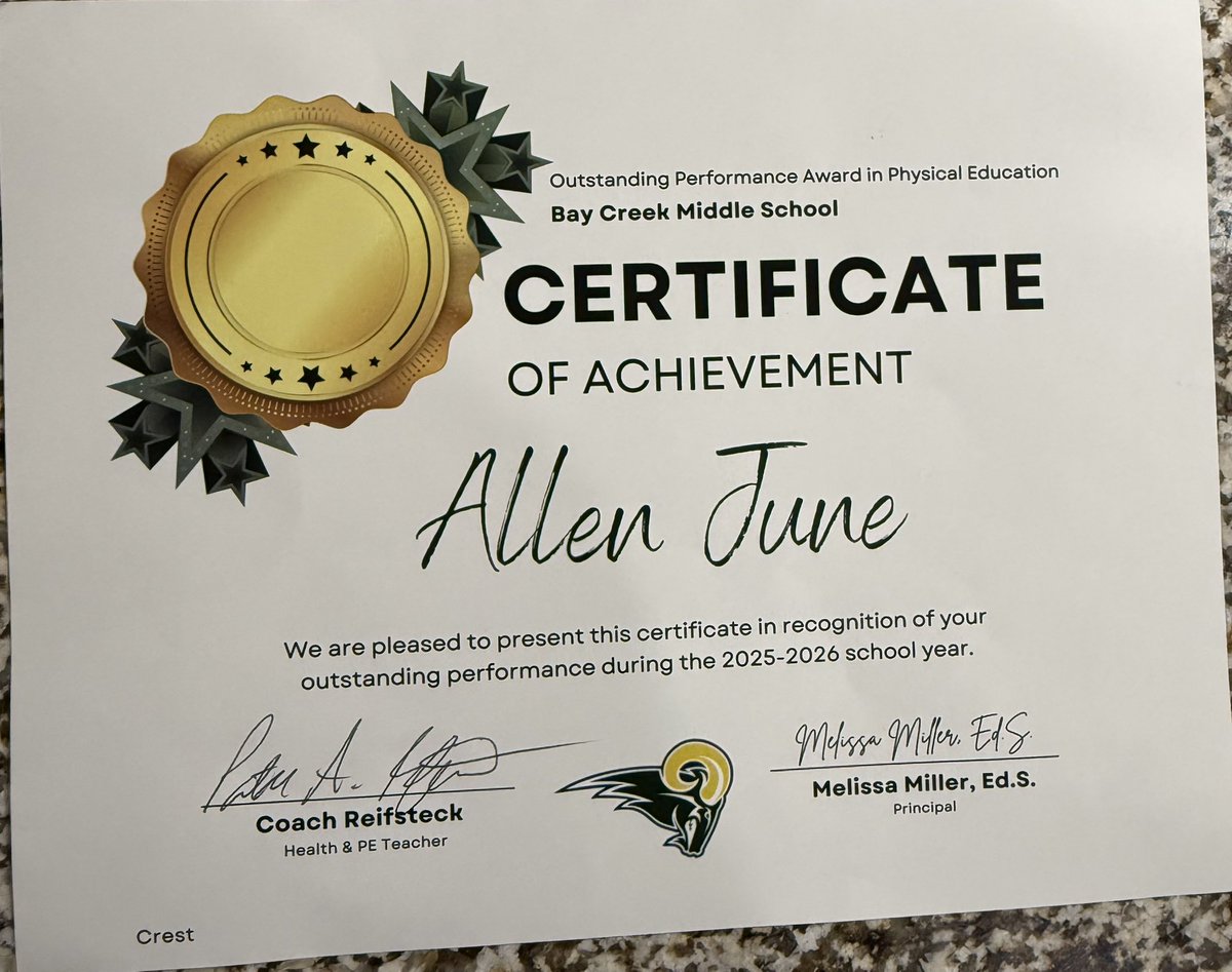 AllenJuneJr's tweet photo. Student✅Athlete✅. Year long AB Honor Roll and Outstanding Performance in PE. Dedicated in all areas @FSUFootball @grayson_fb @Robert_Carter3 @CoachDChambers2 @TrellJones203 @CoachCarswell @__AustinButler @therealkwat @corypeoples @DBCoachPrioleau @FBUAllAmerican https://t.co/5hXulJOpoF