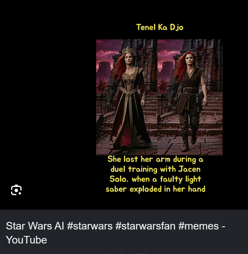 tenel_ka_djo's tweet photo. { Not only is it AI slop but also specifically mentioning the fact that she lost her arm and making the shitbot give her a fake one (on the wrong arm too) even though she refused one her whole life? Come onnnnn. } https://t.co/iCfv1RLx7g
