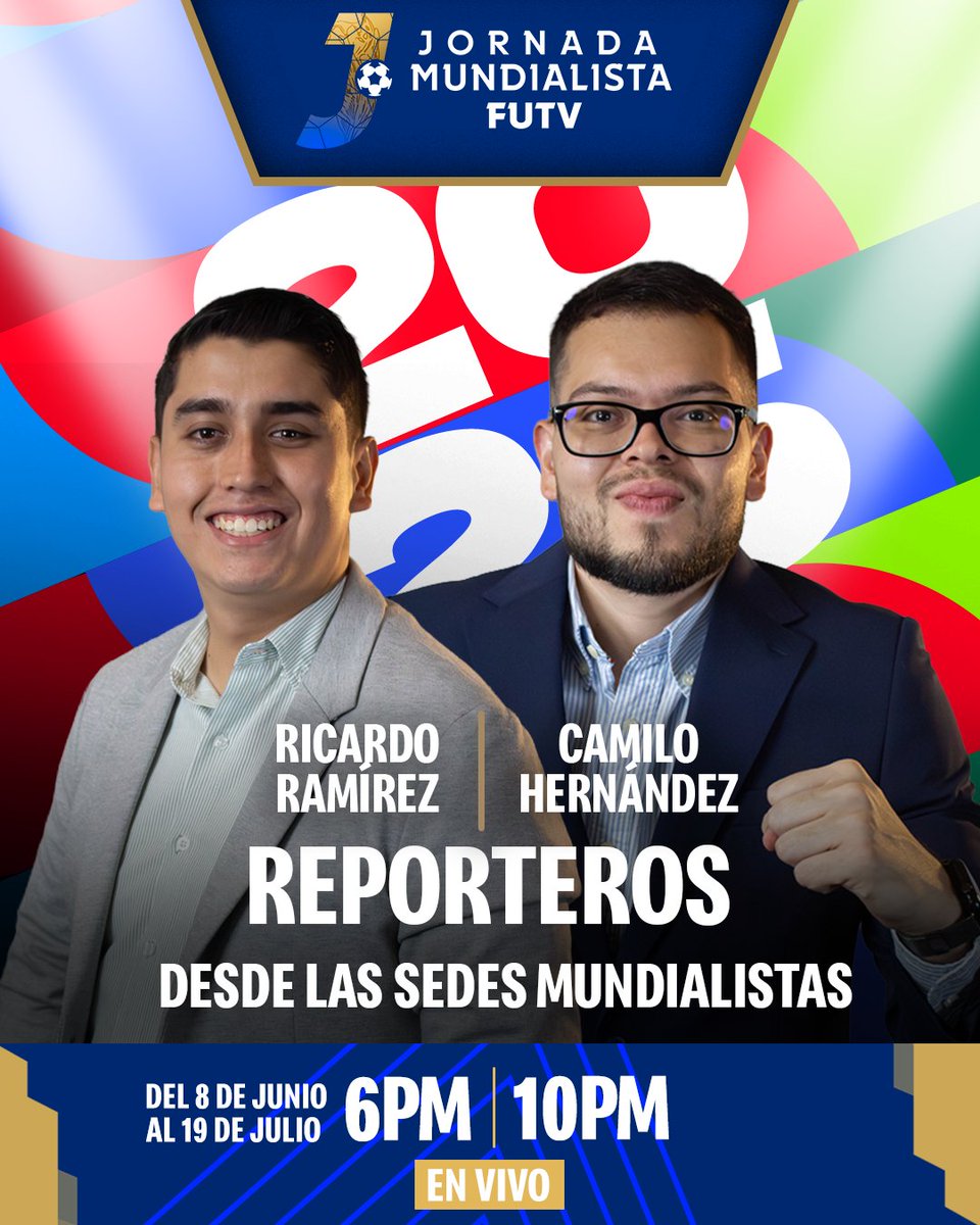 FUTVCR's tweet photo. Del 8 de junio al 19 de julio podrás informarte con la Jornada Mundialista desde las sedes del torneo más importante del fútbol.⚽🎙️

📺 Ediciones a las 6:00 pm y 10:00 pm https://t.co/1PzWqU1har