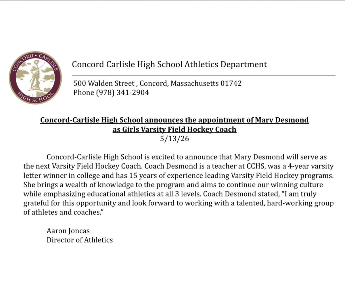 CCPatsAD's tweet photo. CCHS is excited to announce that Mary Desmond will be our next Varsity Field Hockey Coach! @GlobeSchools @T_Mulherin https://t.co/7oynV5Y6PE